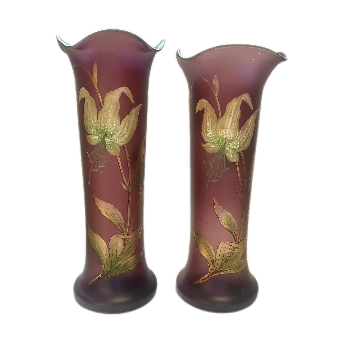 Pair of large antique French unsigned Mont Joye art glass vases
