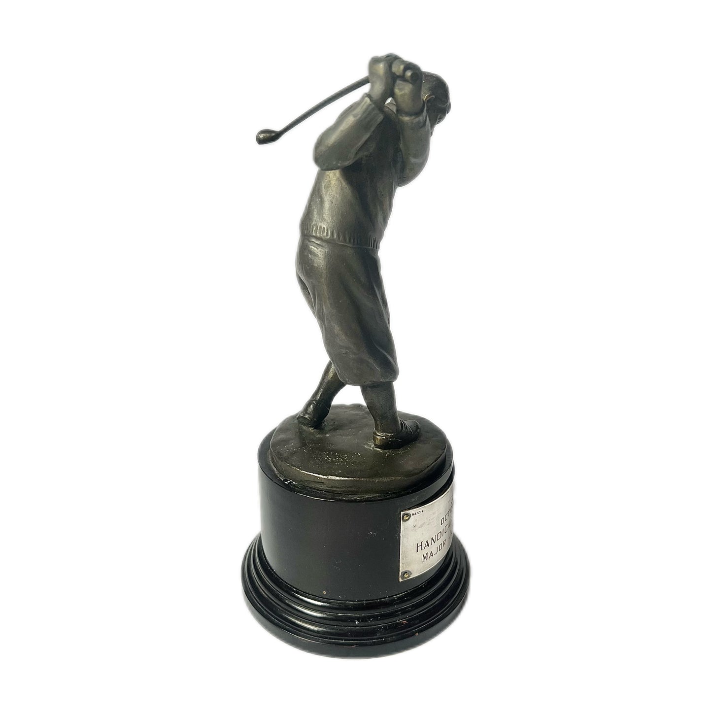 Midcentury bronze golfing trophy on timber base with sterling plaque by Miyamoto Shoko