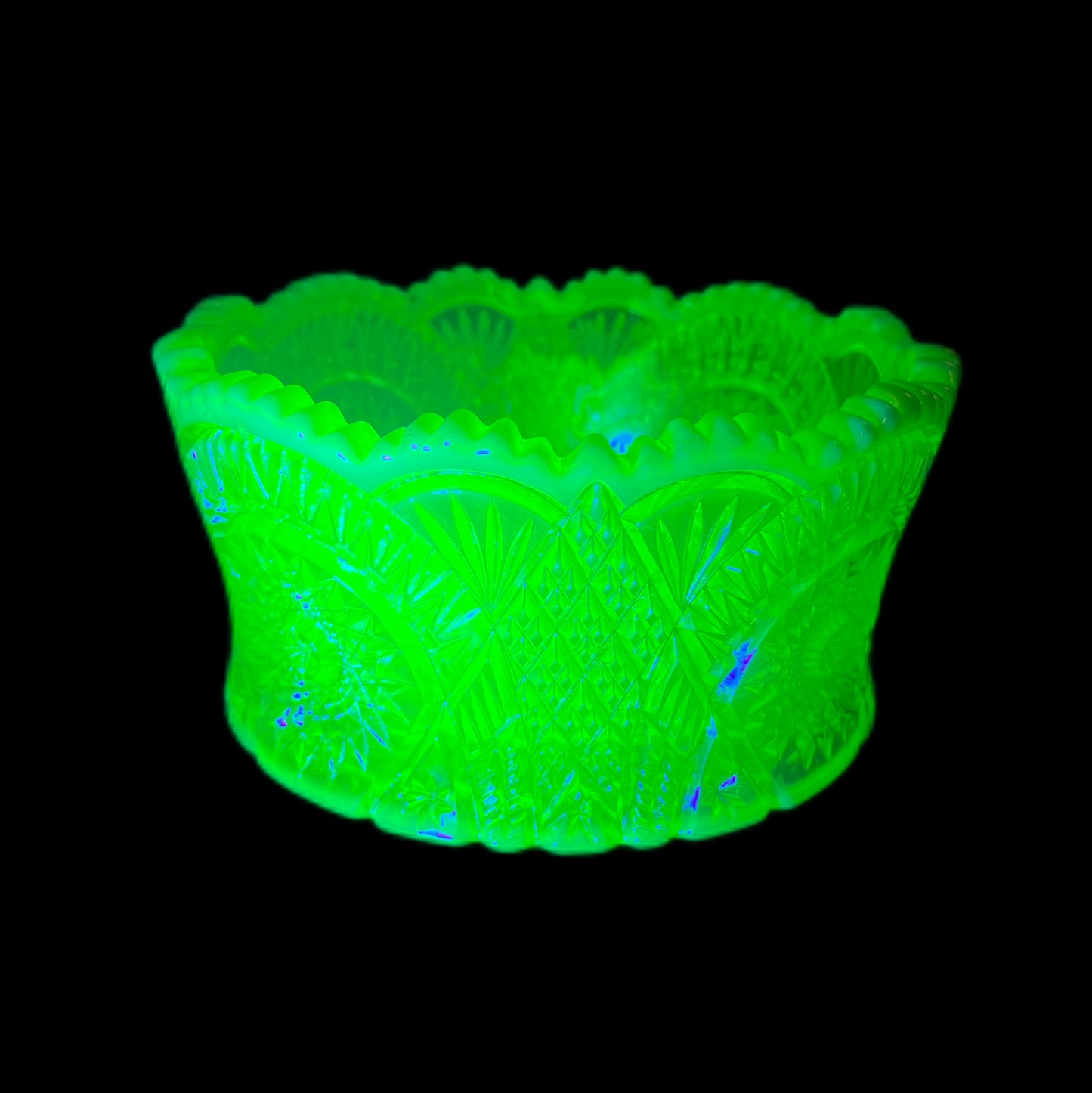 Vintage uranium glass bowl in Diamond Classic pattern by Mosser Glass
