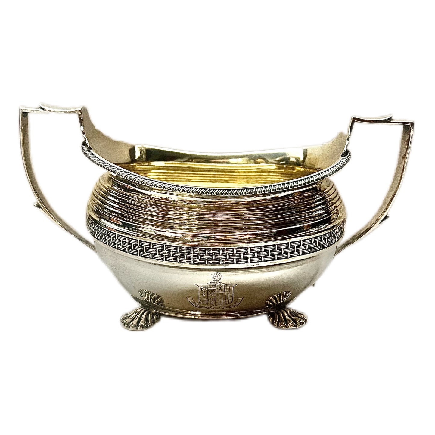 Crested George III sterling silver creamer jug and sugar bowl set