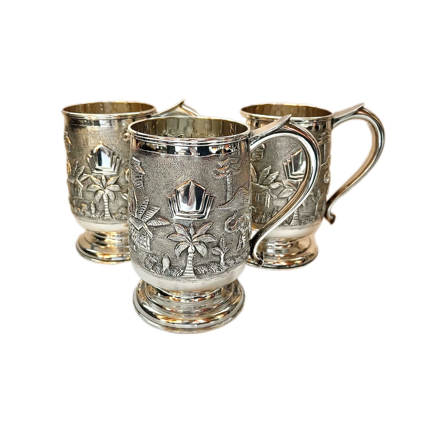 6 substantial 1920s to 1930s British Raj Anglo-Indian sterling silver tankards