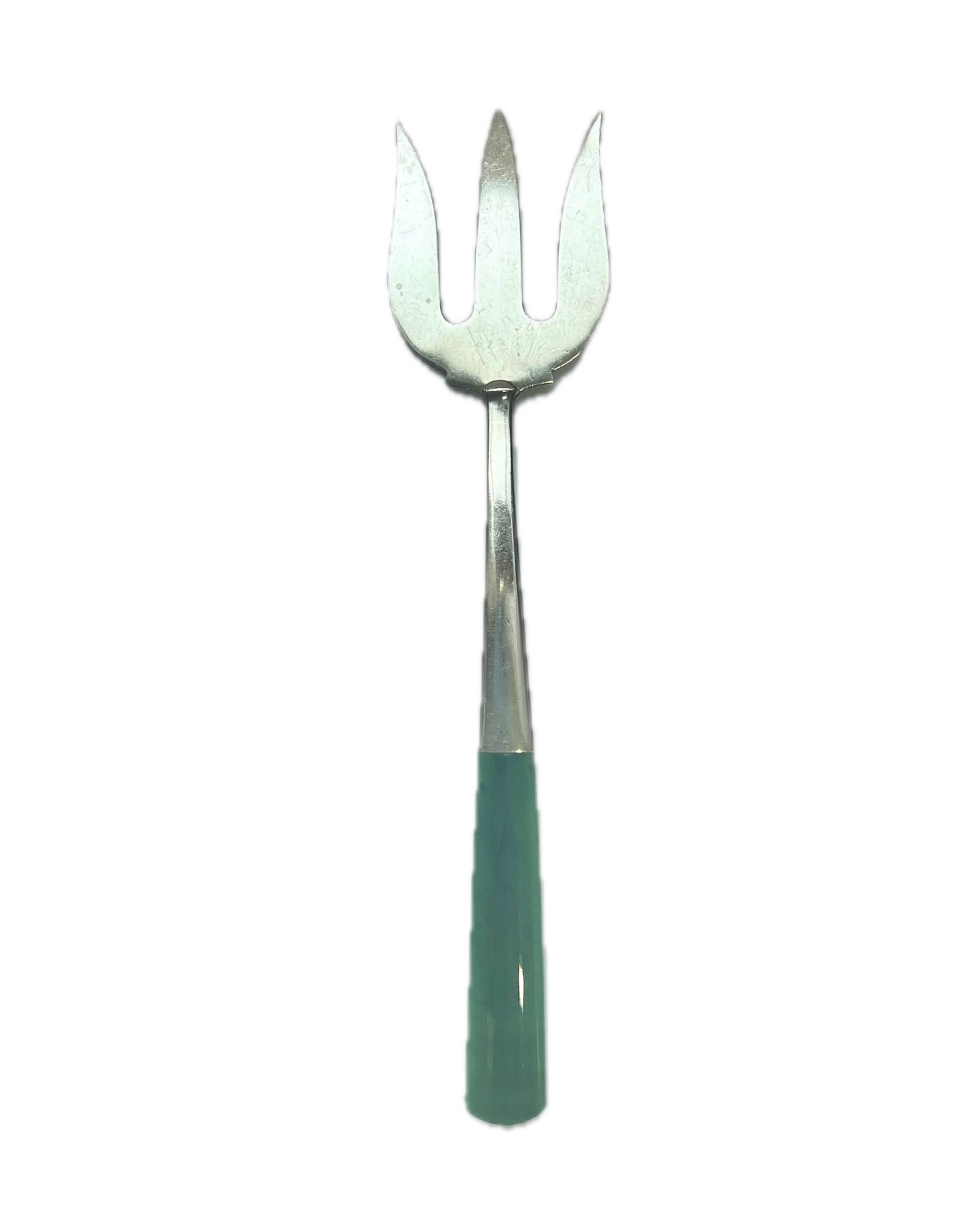 Tenedor antiguo para verduras de plata de ley neozelandesa y jade nefrita. Joseph Swindell & Son, Christchurch.
