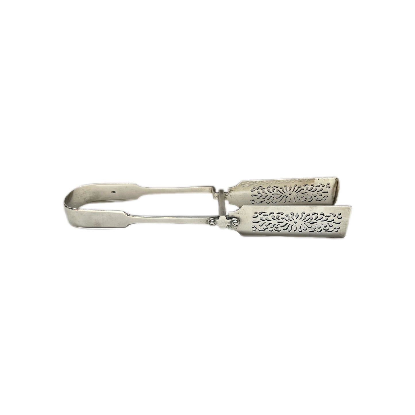 Antique high Victorian sterling silver tongs with pierced pattern and marks for Chawner & Co., London, 1855
