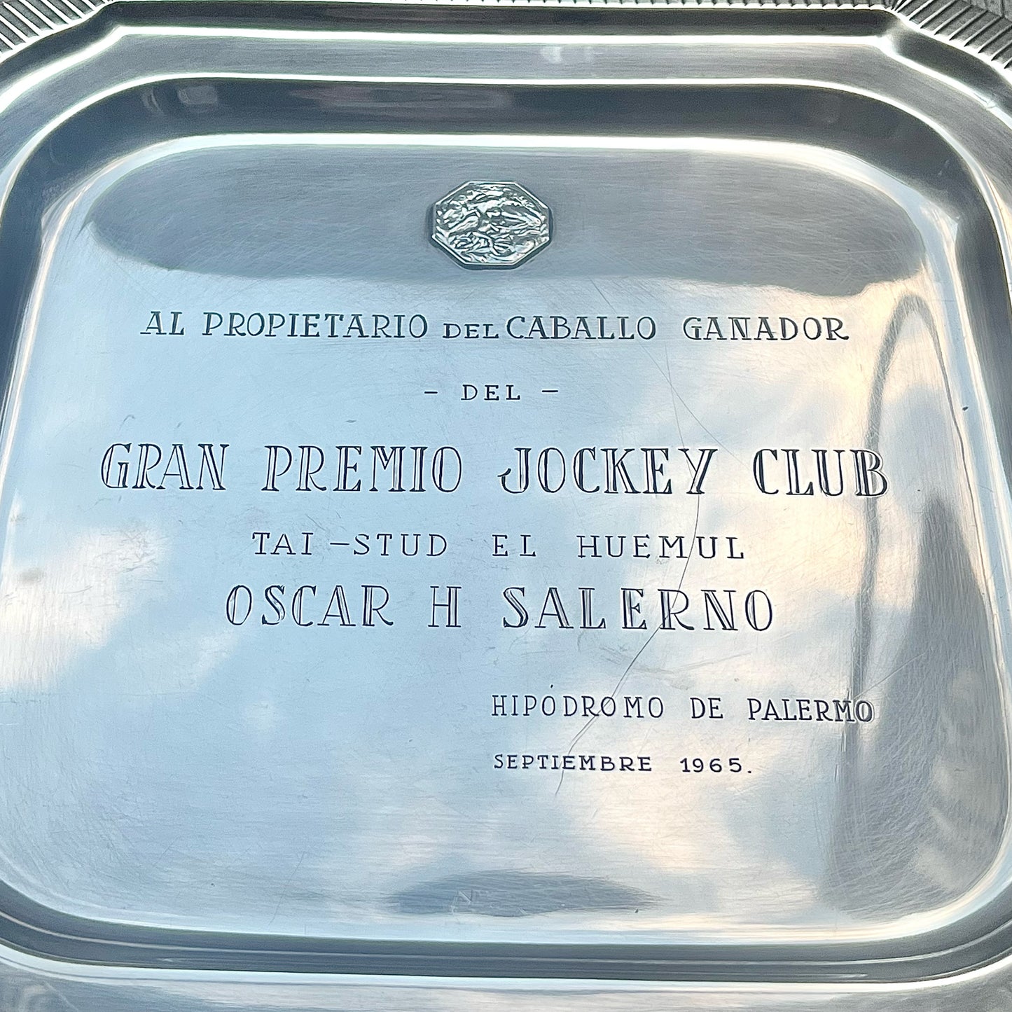 Large Vintage Midcentury Argentinian sterling silver silver horse racing trophy plate