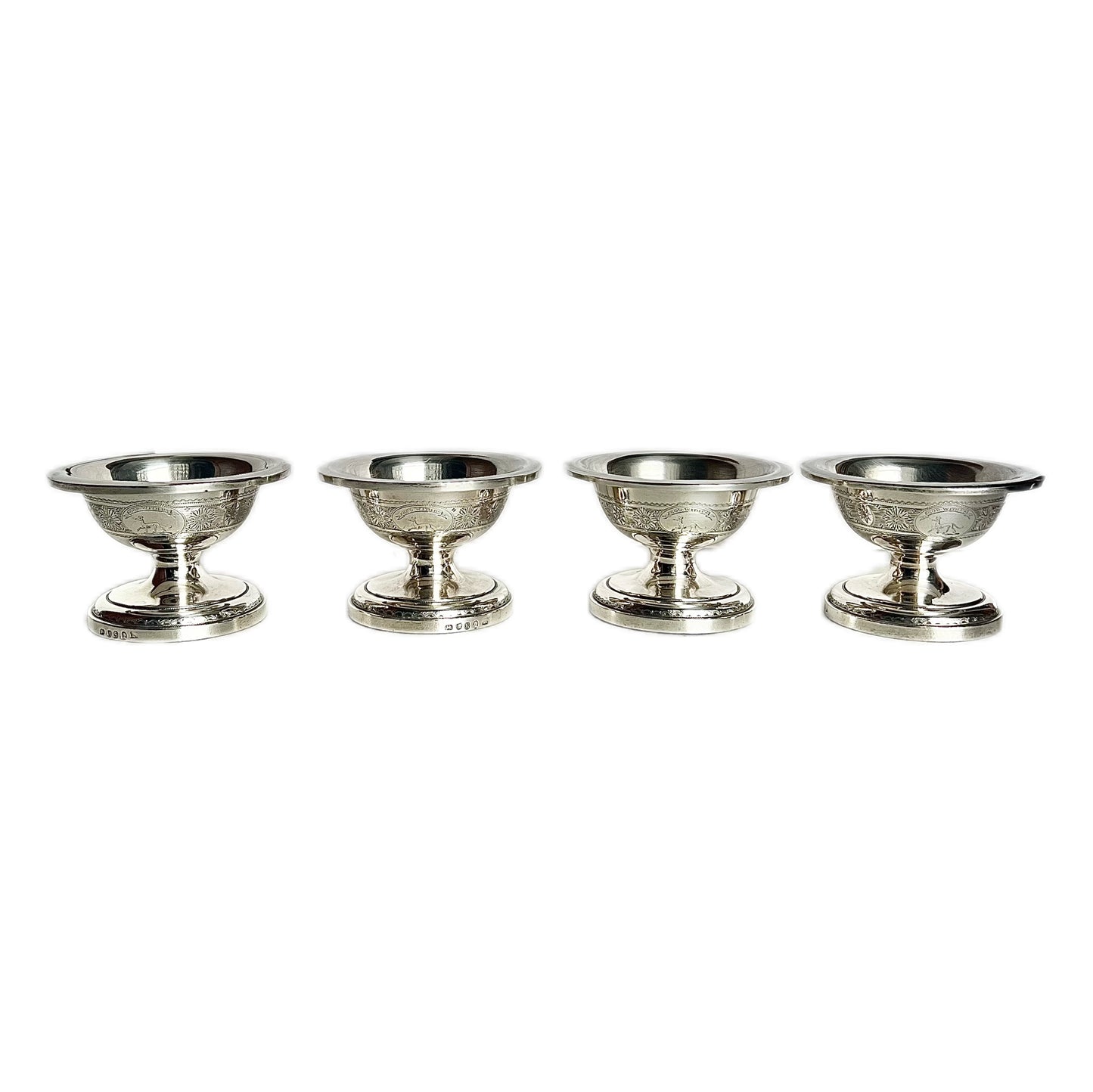 4 crested sterling silver George III salt cellars, John Wakelin & Robert Garrard