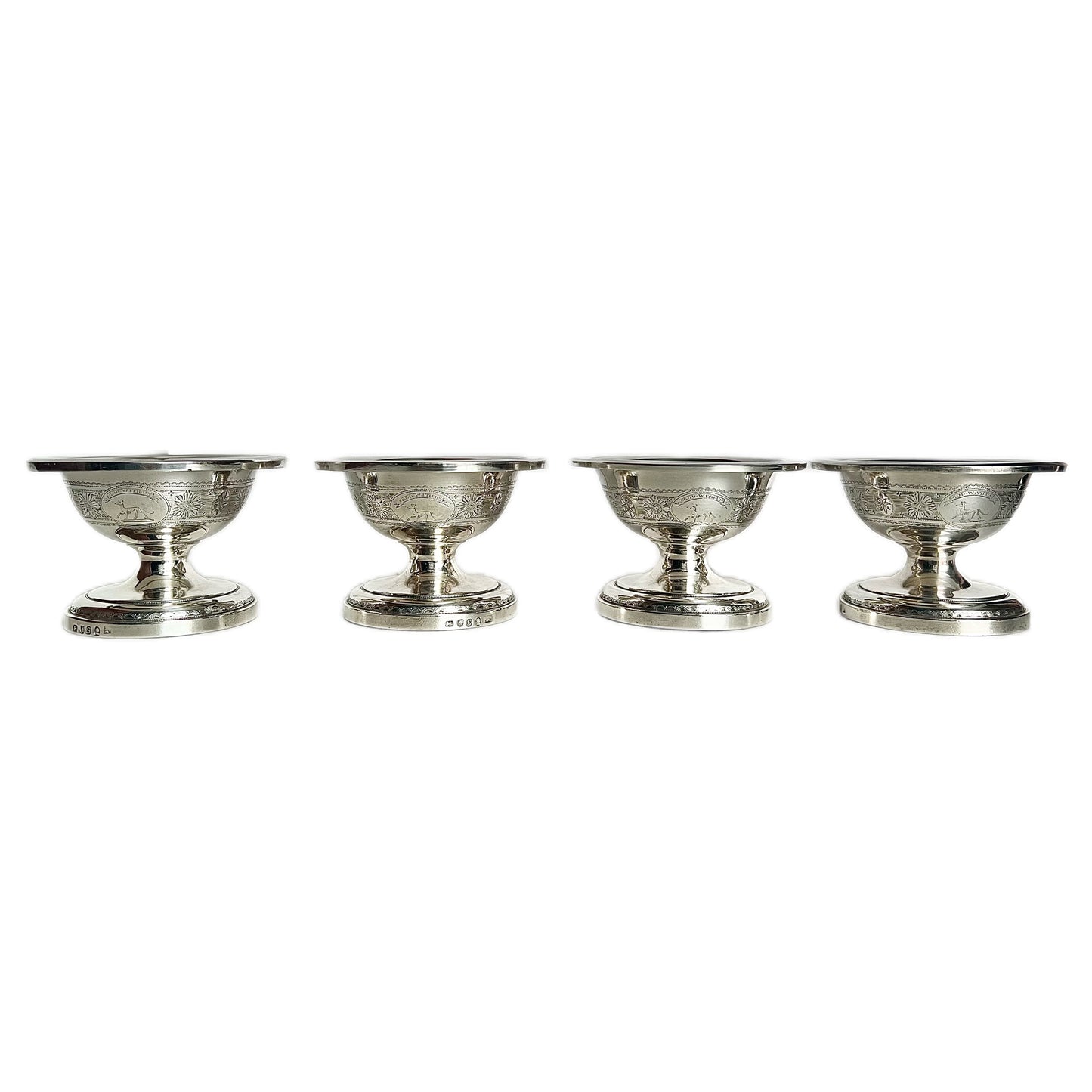 4 crested sterling silver George III salt cellars, John Wakelin & Robert Garrard