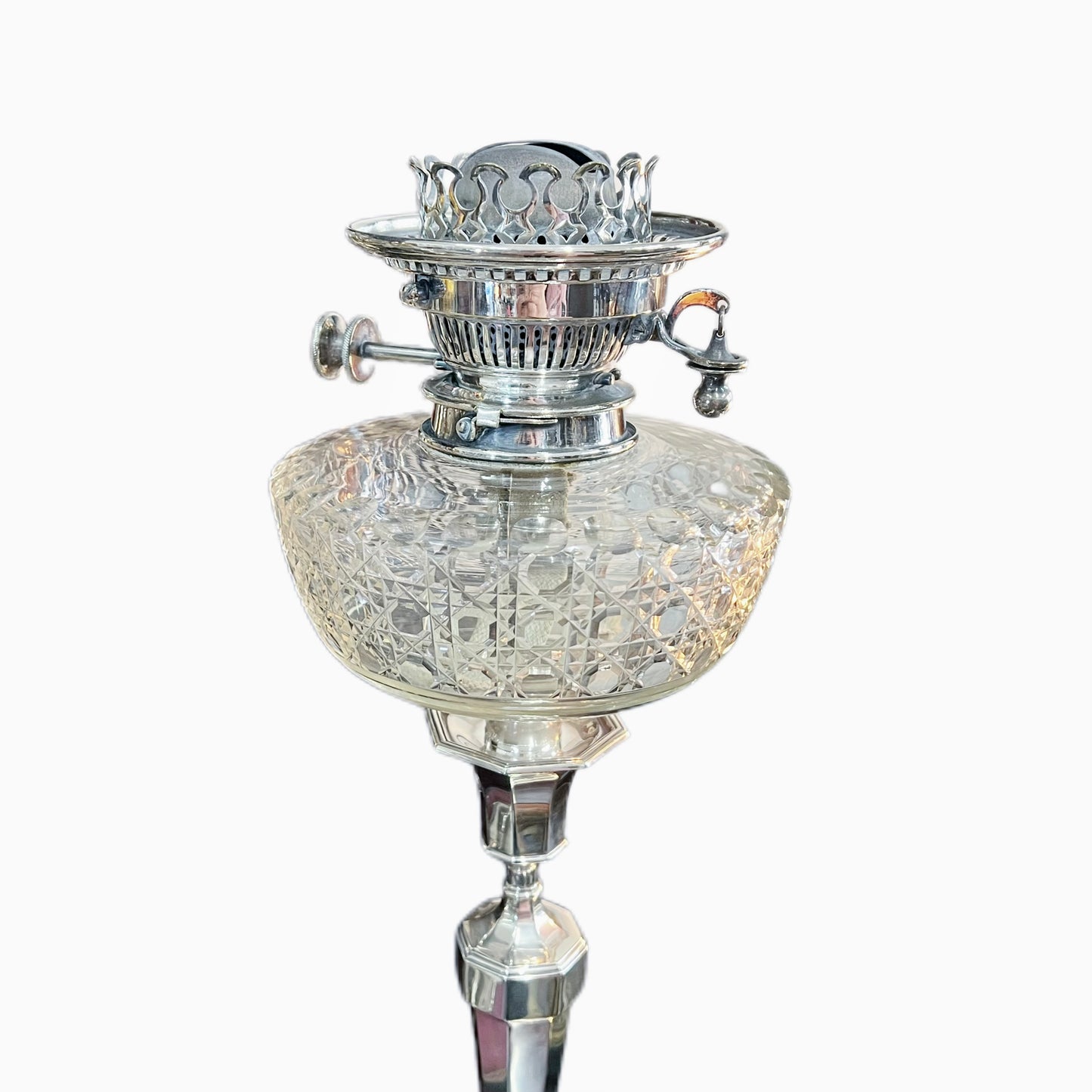 Lámpara de banquete antigua de plata de ley y cristal tallado de Jorge V, Hardy Bros