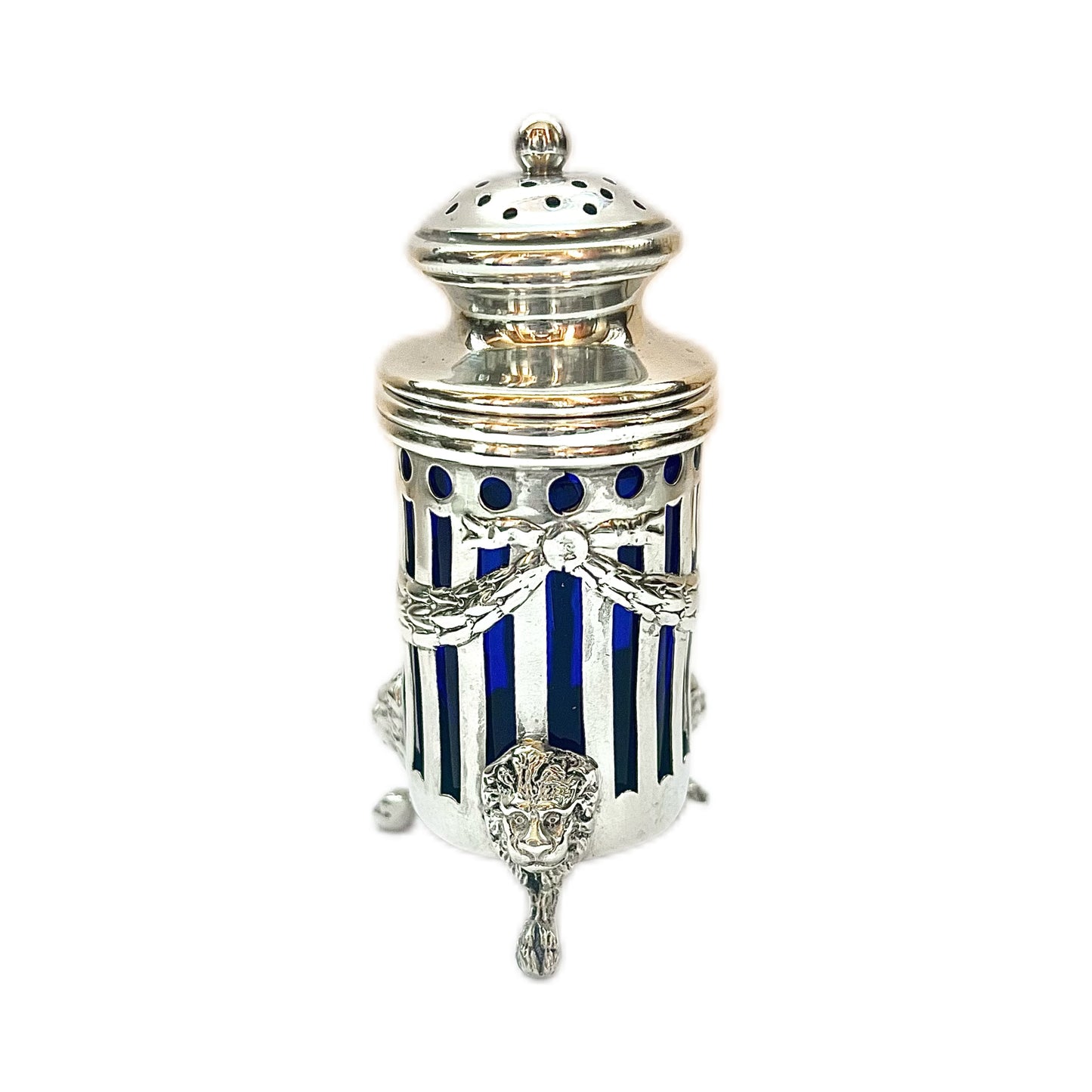 Antique American sterling silver pepperette with cobalt glass liner, with marks for Graff Washbourne and Dunn