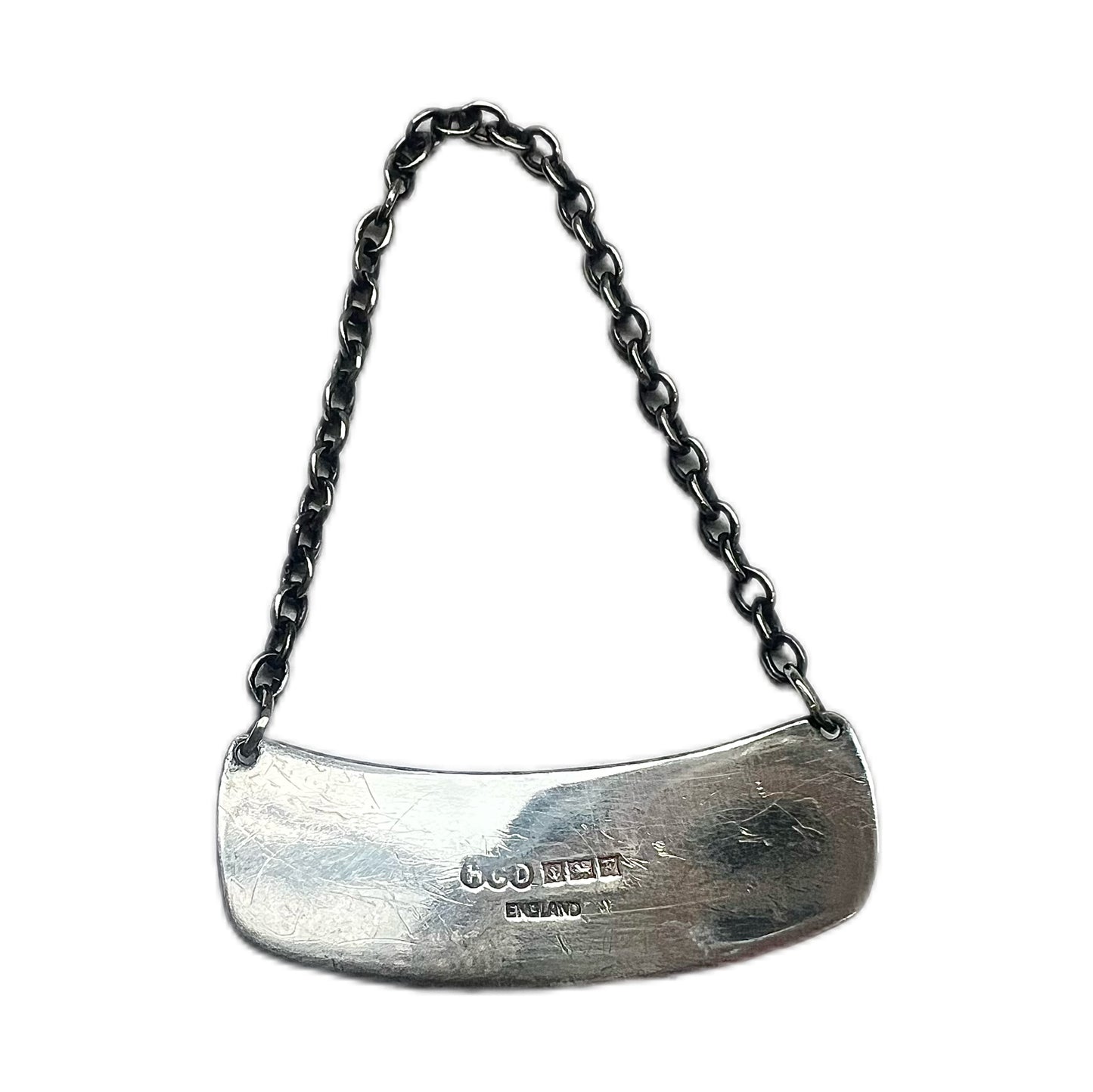 Stunning mid-century English sterling silver liquor ticket / decanter label