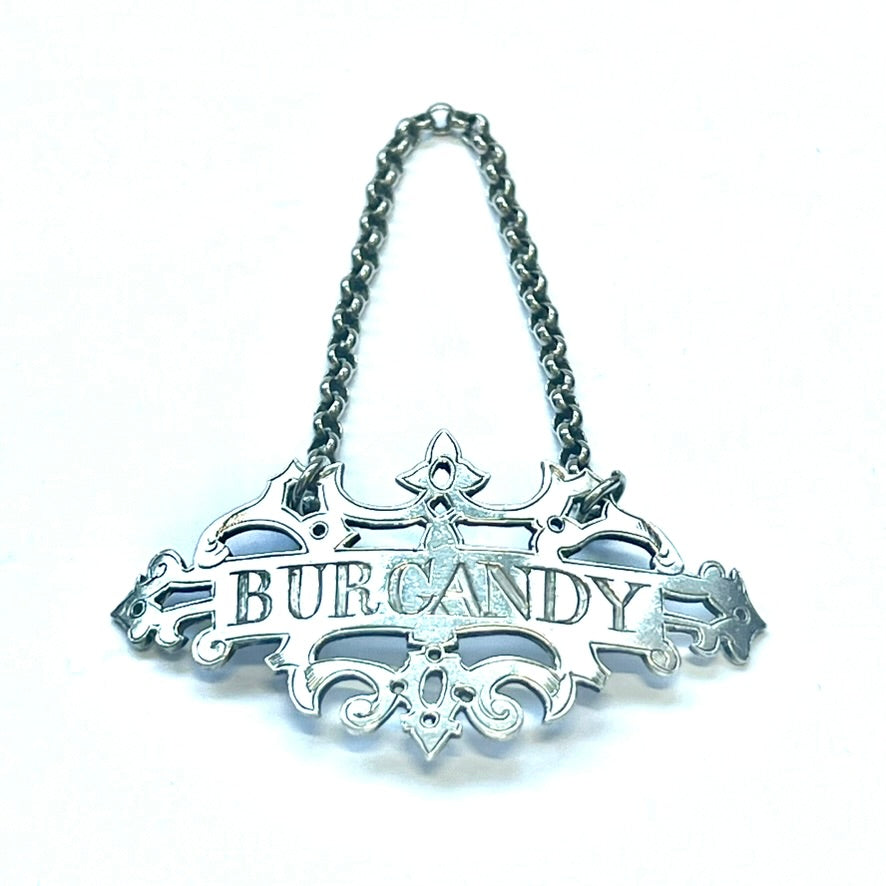 Stunning High Victorian sterling silver Burgandy liquor ticket / decanter label by Wright & Davies, London, 1866