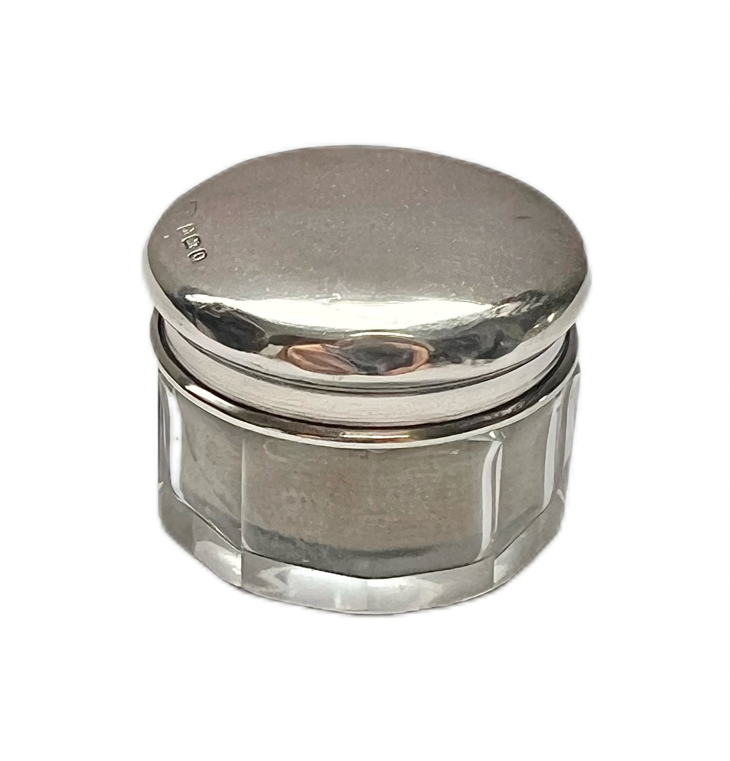 Antique English sterling silver and glass toiletry jar, William Devenport, 1913, Birmingham