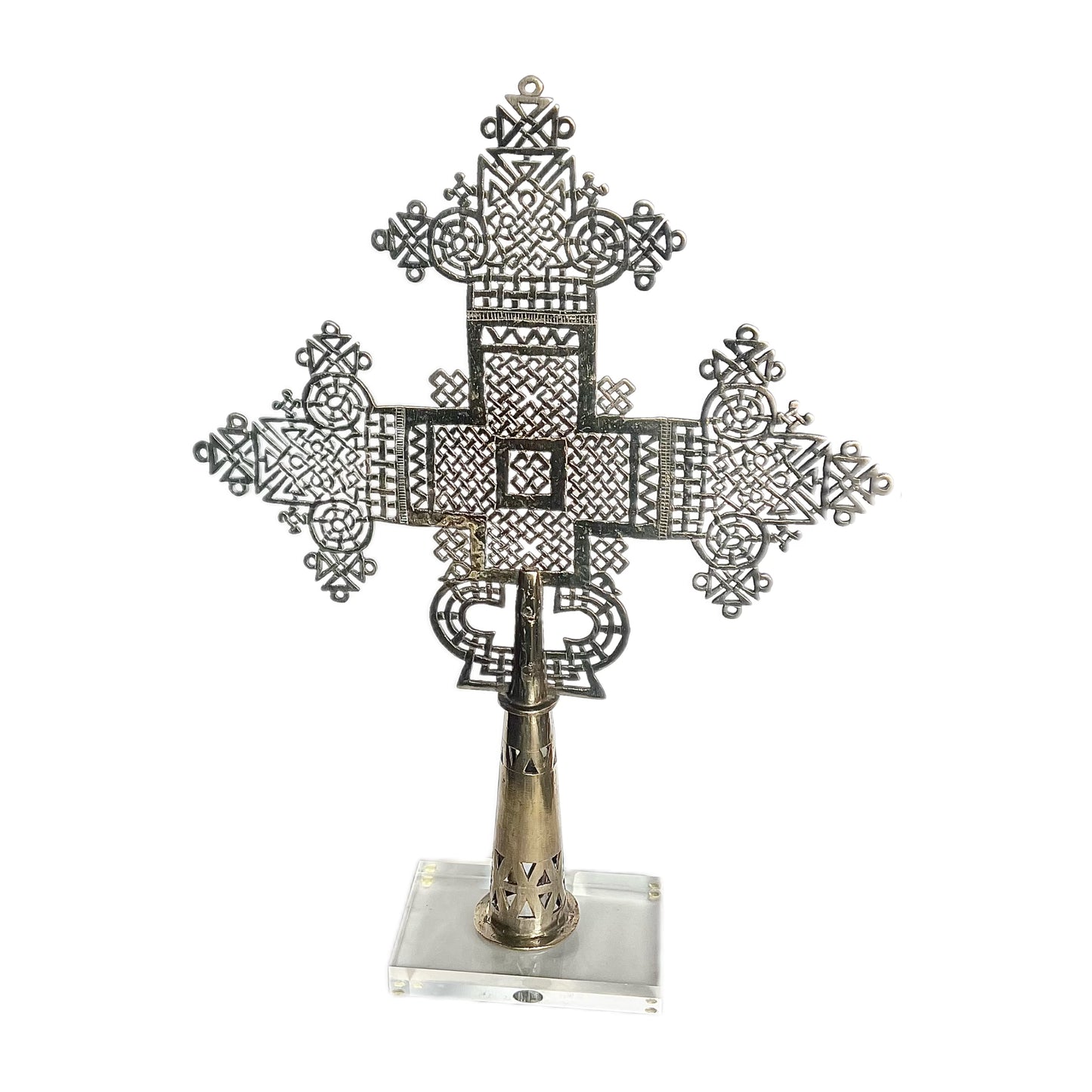 Large vintage possibly antique Ethiopian Coptic Cross with custom stand