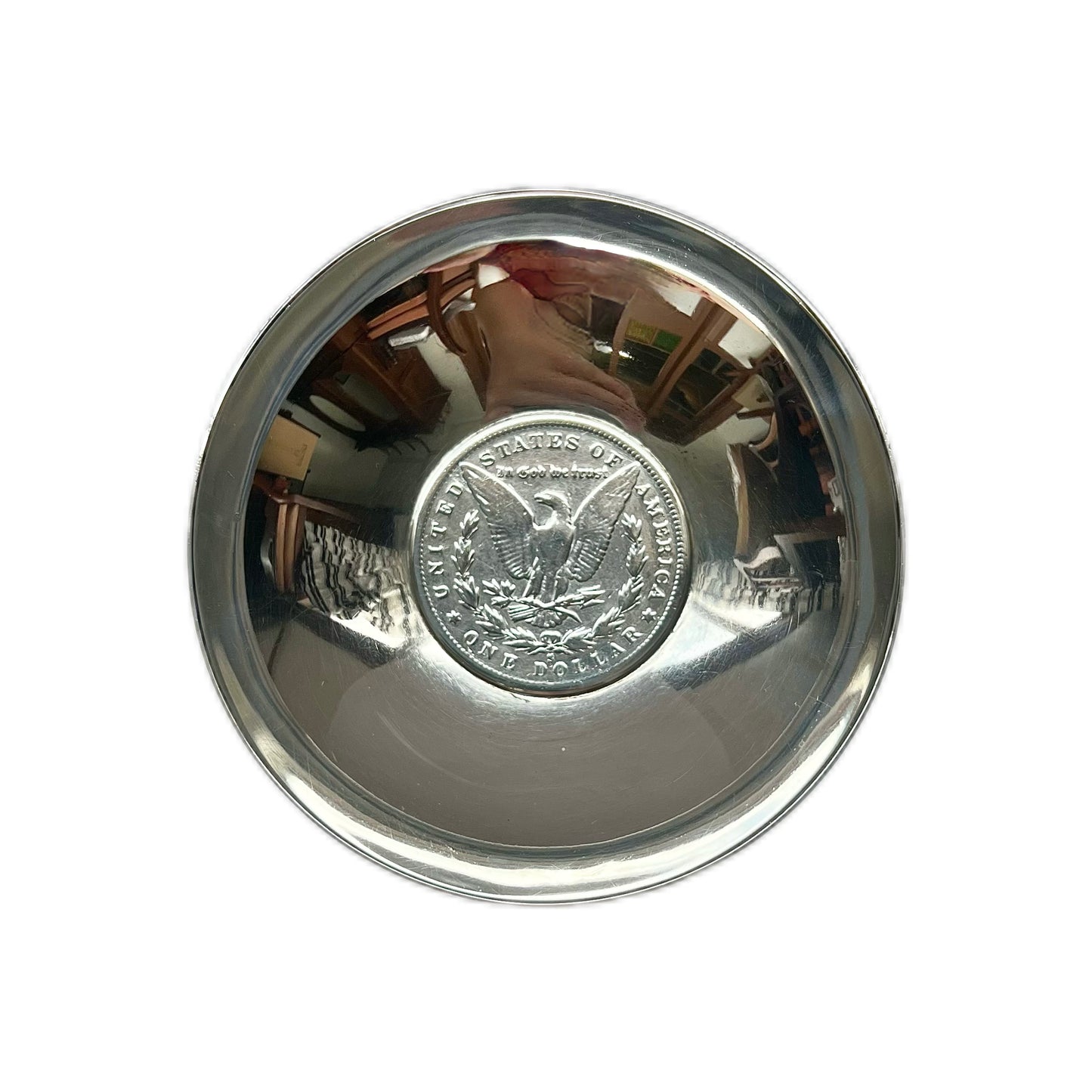 Vintage, possibly antique Australian Hardy Brothers sterling silver trinket dish, base comprising 1880 San Francisco Morgan Dollar