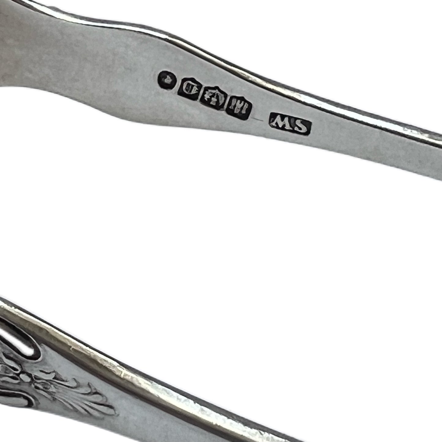 Antique Victorian Scottish sterling silver pair of Kings pattern tongs with shell bowls