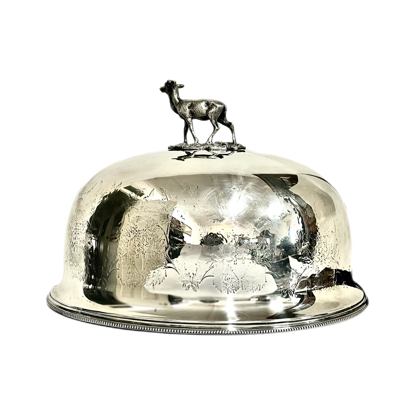 Antique High Victorian Sheffield Plate dinner cloche with deer finial