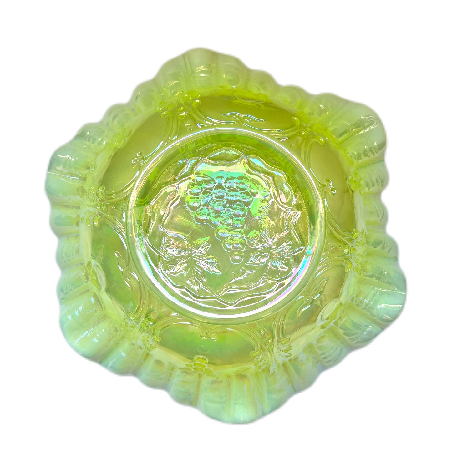 Vintage uranium glass bowl with ruffled lustre edges by Mosser Glass