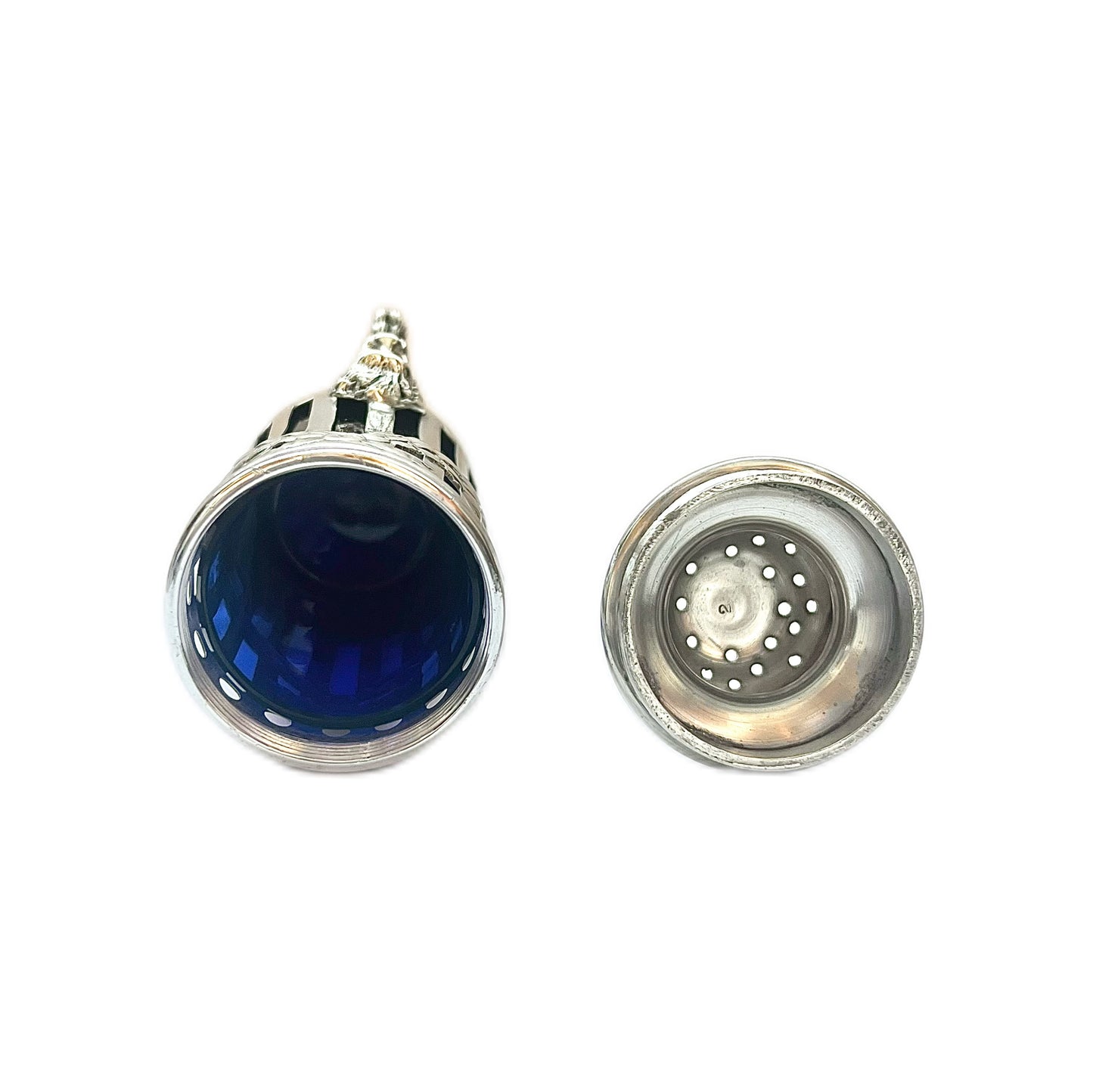 Antique American sterling silver pepperette with cobalt glass liner, with marks for Graff Washbourne and Dunn