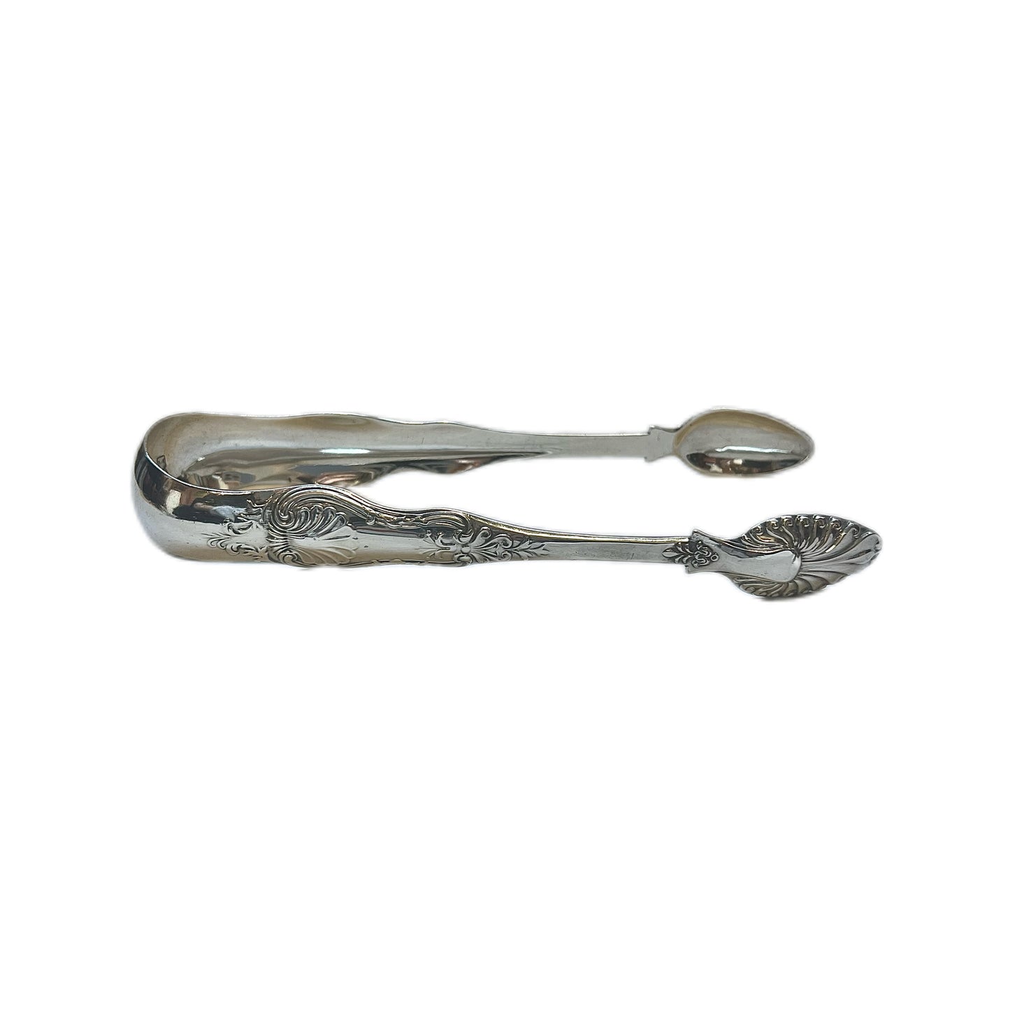 Antique Scottish provincial silver pair of tongs, Kings Pattern with shell bowls, with rare marks by Robert MacGregor