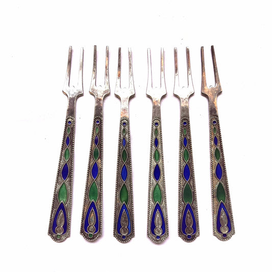 Set of 6 vintage Russian .875 silver and enamel cocktail forks