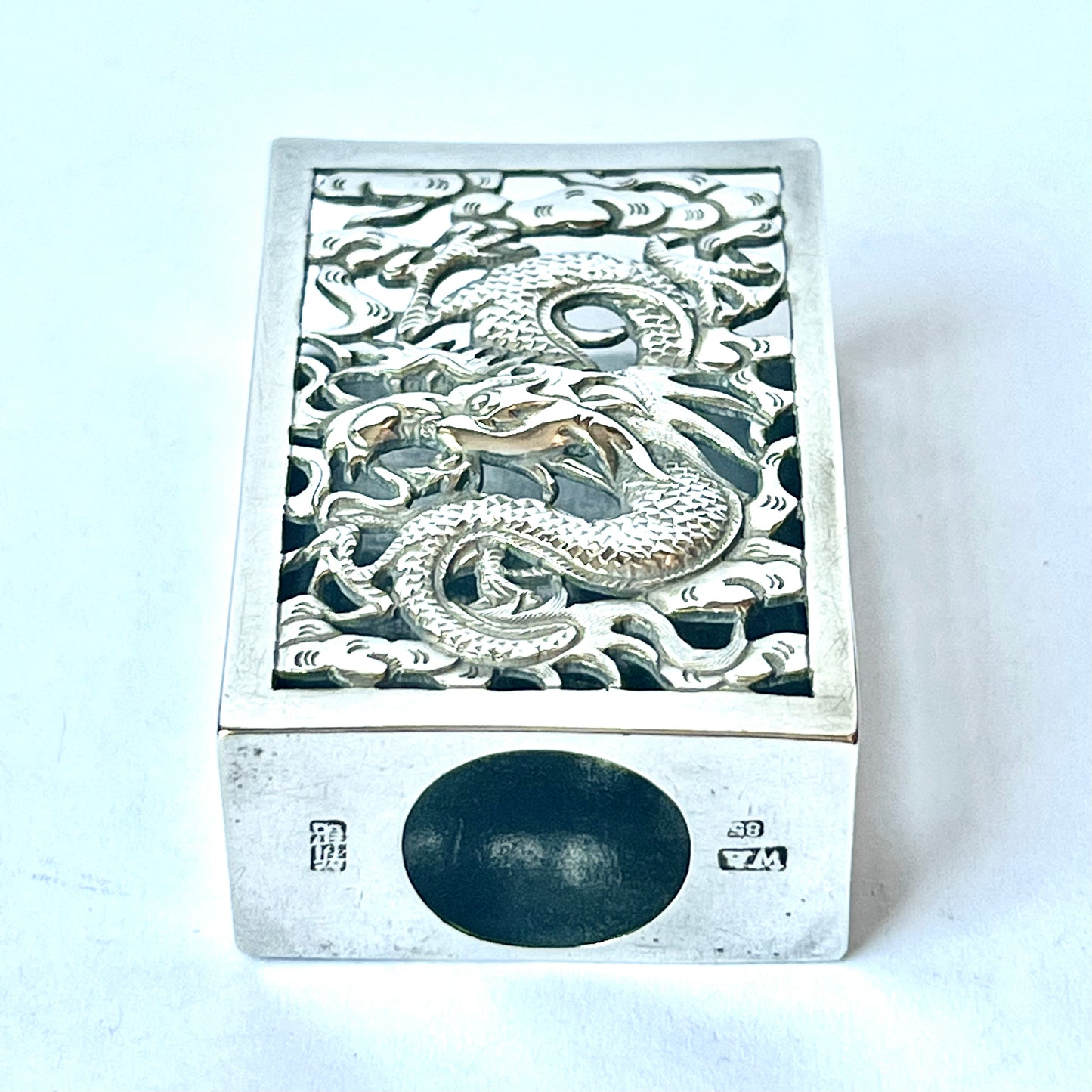 Antique Chinese export silver matchbox with dragon motif, circa 1890 to 1900s, marks for W.A., Canton