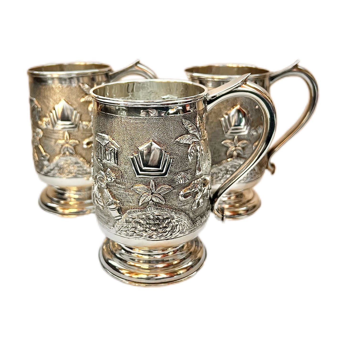 6 substantial 1920s to 1930s British Raj Anglo-Indian sterling silver tankards