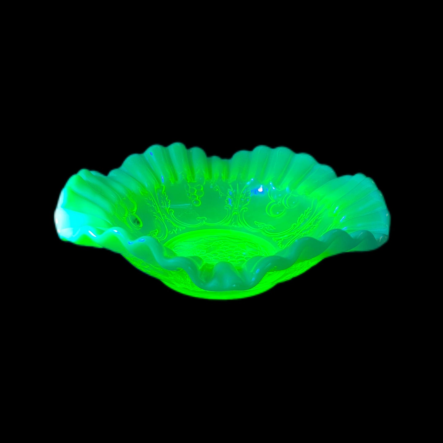 Vintage uranium glass bowl with ruffled lustre edges by Mosser Glass