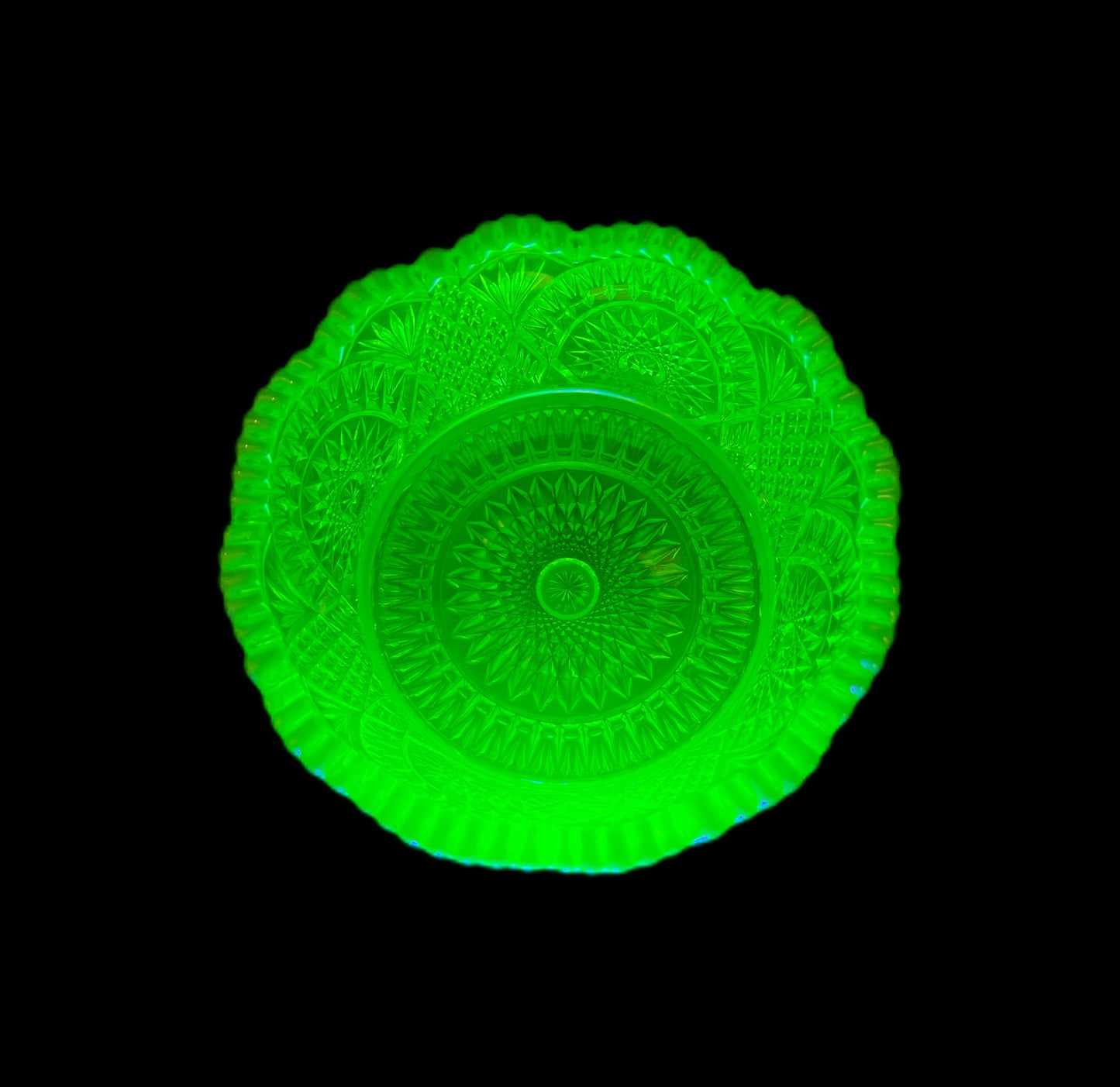 Vintage uranium glass bowl in Diamond Classic pattern by Mosser Glass