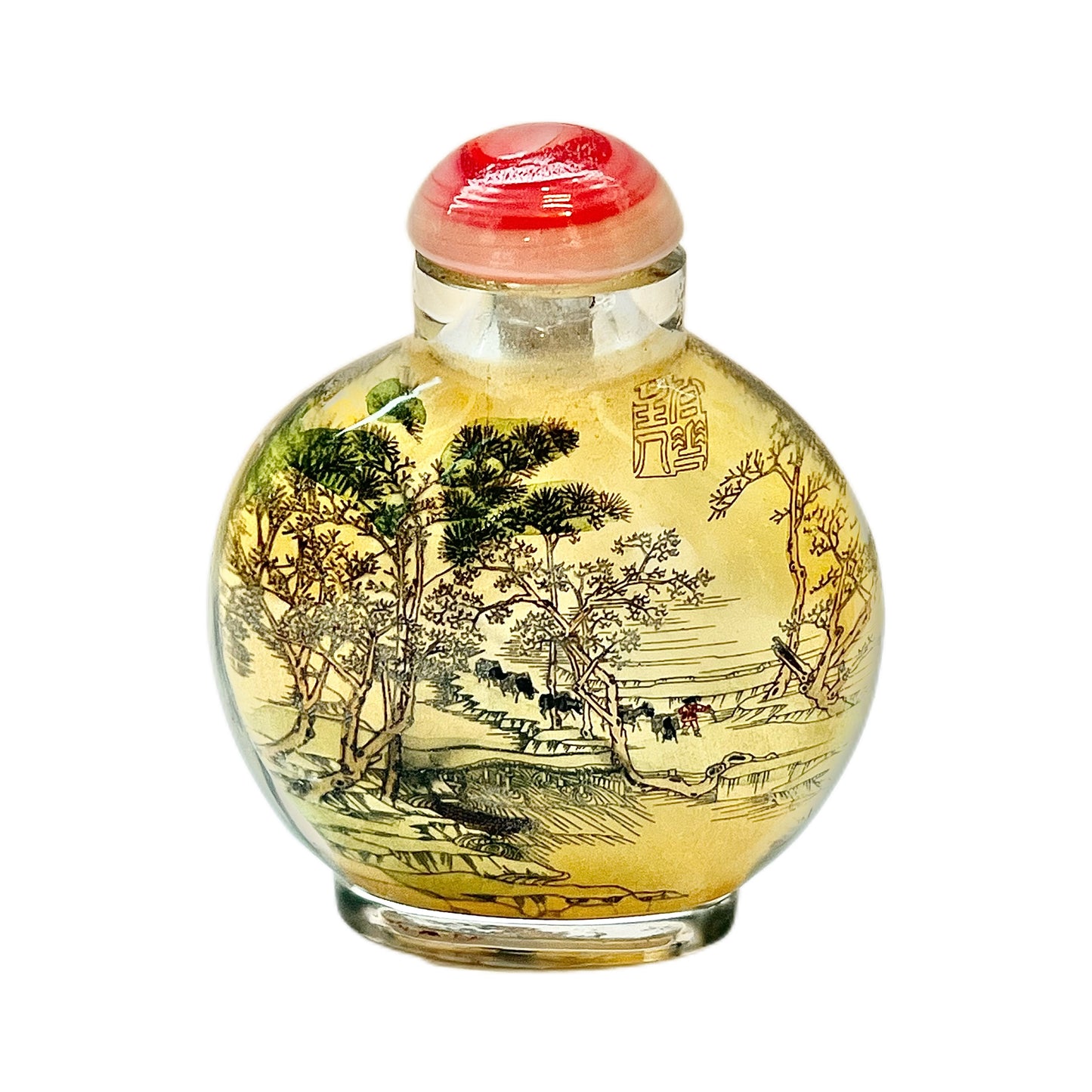 Hermosa botella de rapé china de finales del siglo XX, pintada al revés, junto al río durante el Festival Qingming (Qingming Shanghe Tu)
