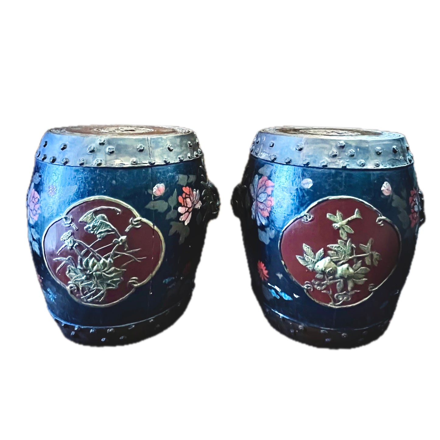Rare and stunning pair of mid to late 19th century Qing Dynasty hand-painted and lacquered spice barrels