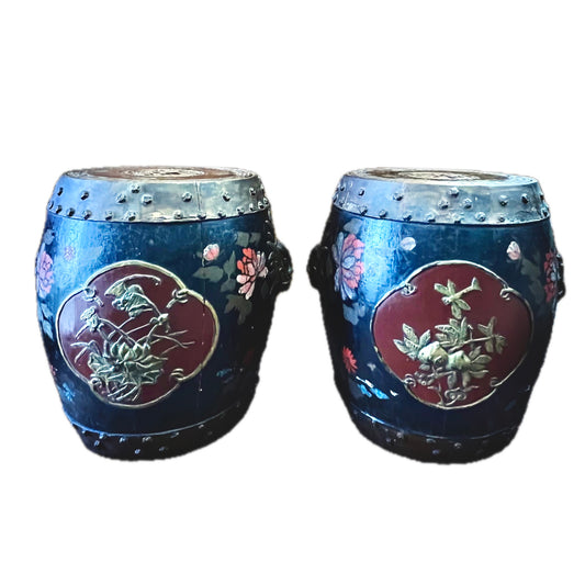 Rare and stunning pair of mid to late 19th century Qing Dynasty hand-painted and lacquered spice barrels