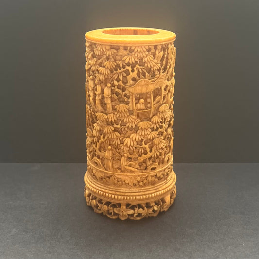 Exceptional late 18th to mid 19th century Qing Dynasty Chinese ivory brush holder with finely carved pavilion scenes