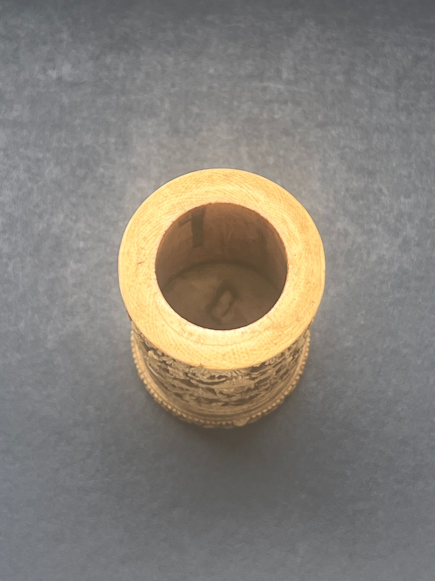 Exceptional late 18th to mid 19th century Qing Dynasty Chinese ivory brush holder with finely carved pavilion scenes