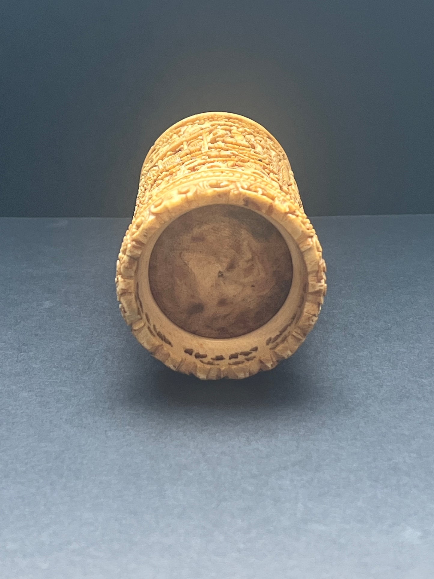Exceptional late 18th to mid 19th century Qing Dynasty Chinese ivory brush holder with finely carved pavilion scenes