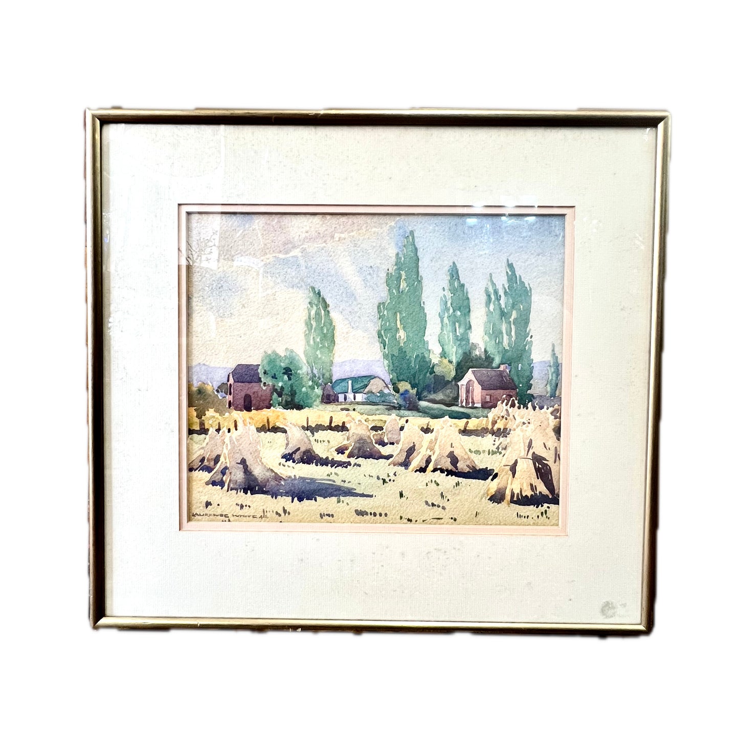 Hermosa acuarela del siglo XX de una campiña australiana con almiares y pajares, realizada por el artista Lawrence White, catalogado como Patrimonio de la Humanidad, circa 1942.