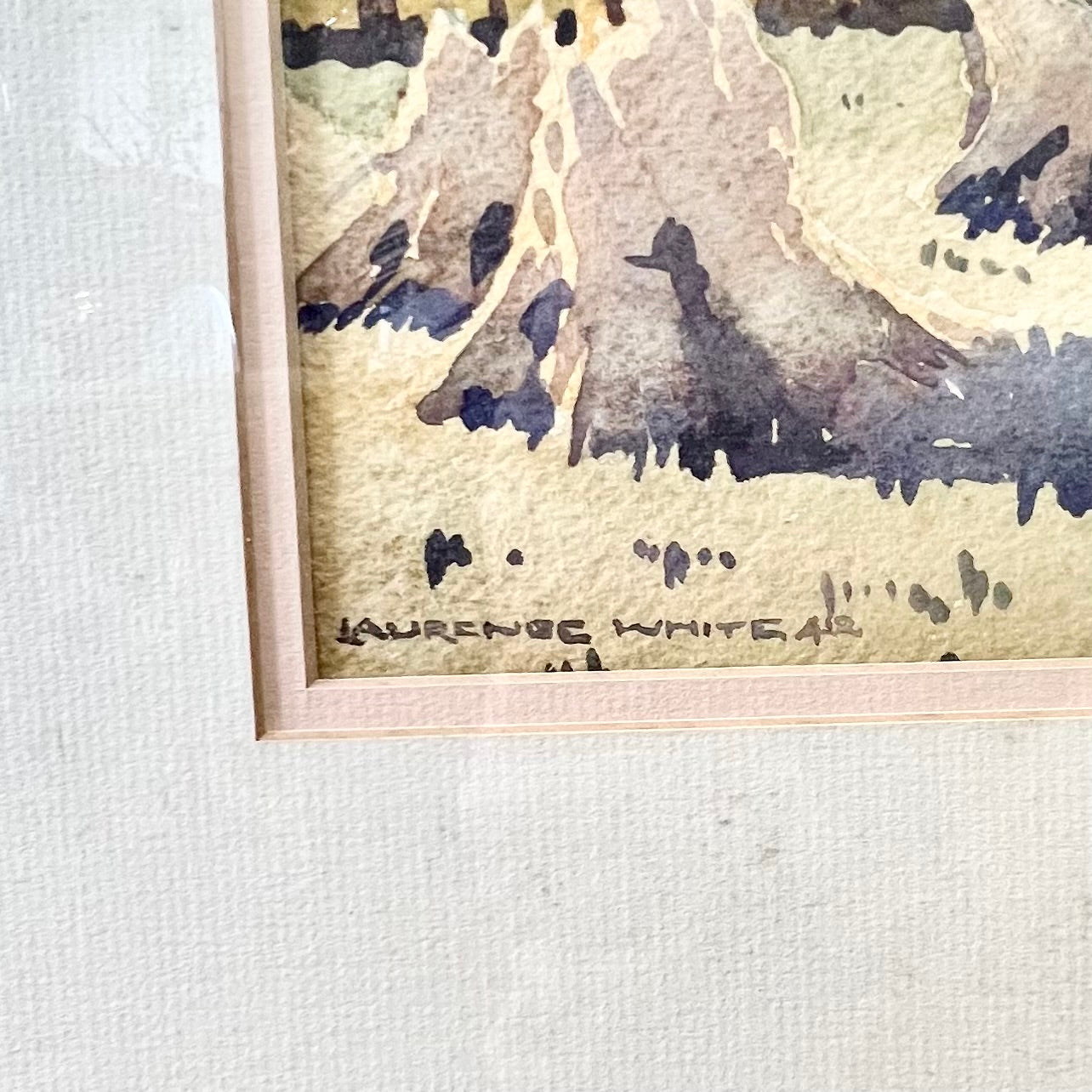 Hermosa acuarela del siglo XX de una campiña australiana con almiares y pajares, realizada por el artista Lawrence White, catalogado como Patrimonio de la Humanidad, circa 1942.