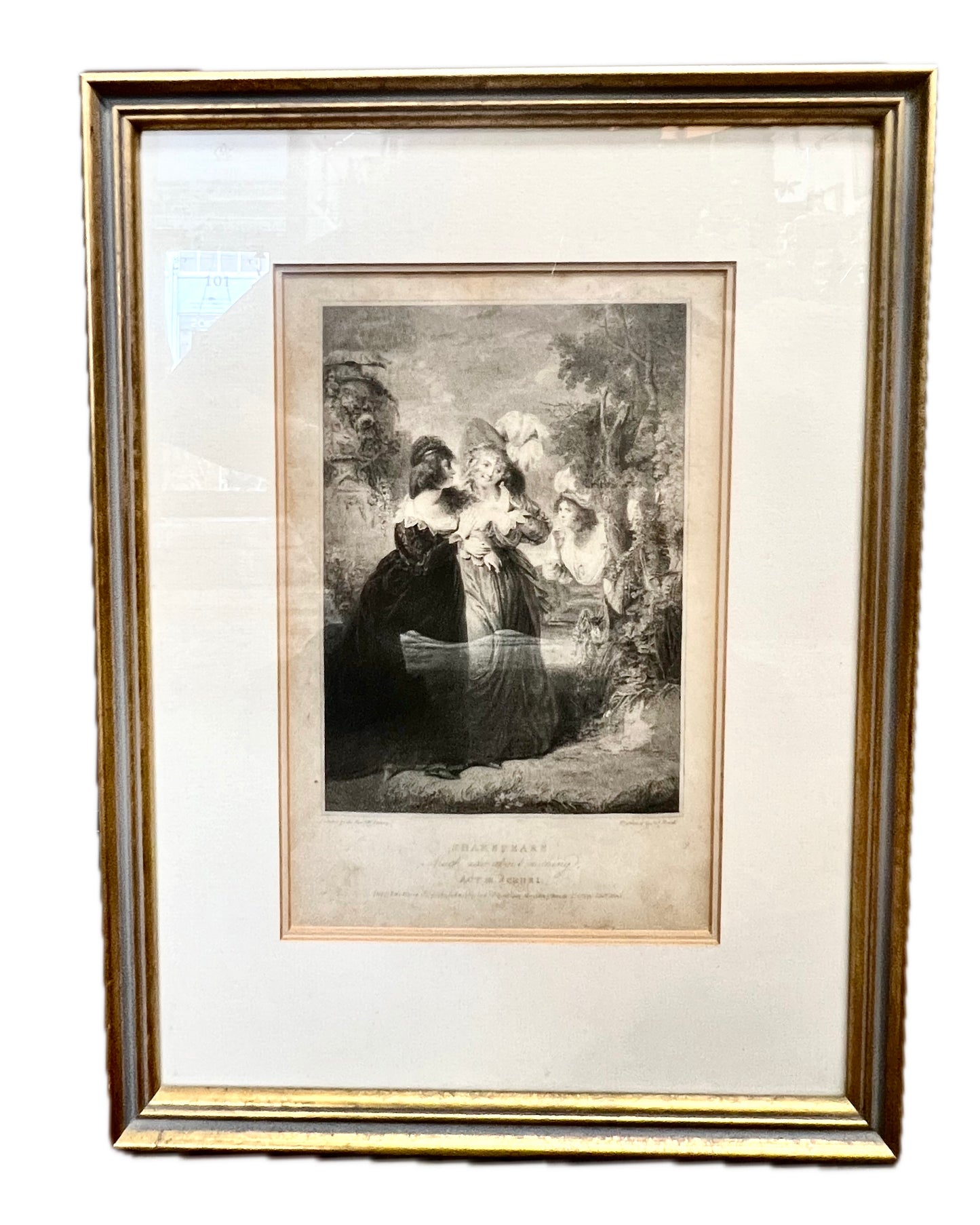 Grabado shakespeariano antiguo del período de la Regencia, circa 1791, que representa el acto 3, escena 1 de Mucho ruido y pocas nueces.