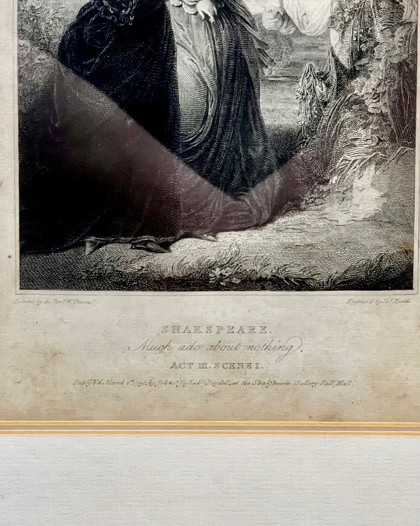 Grabado shakespeariano antiguo del período de la Regencia, circa 1791, que representa el acto 3, escena 1 de Mucho ruido y pocas nueces.
