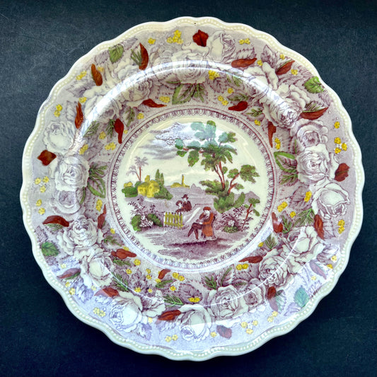 Late 19th century W&R Co. Roses purple polychrome transfer plate manufactured by Ridgway, featuring Charles Dickens Old Curiosity Shop