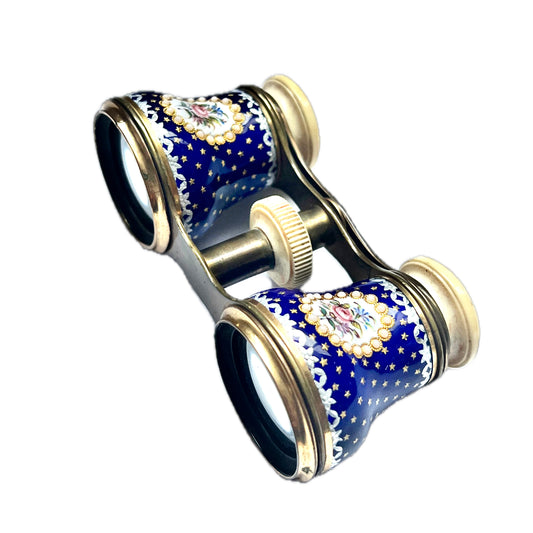 A beautiful 19th century pair of French opera glasses, enamelled florals and brass in original case