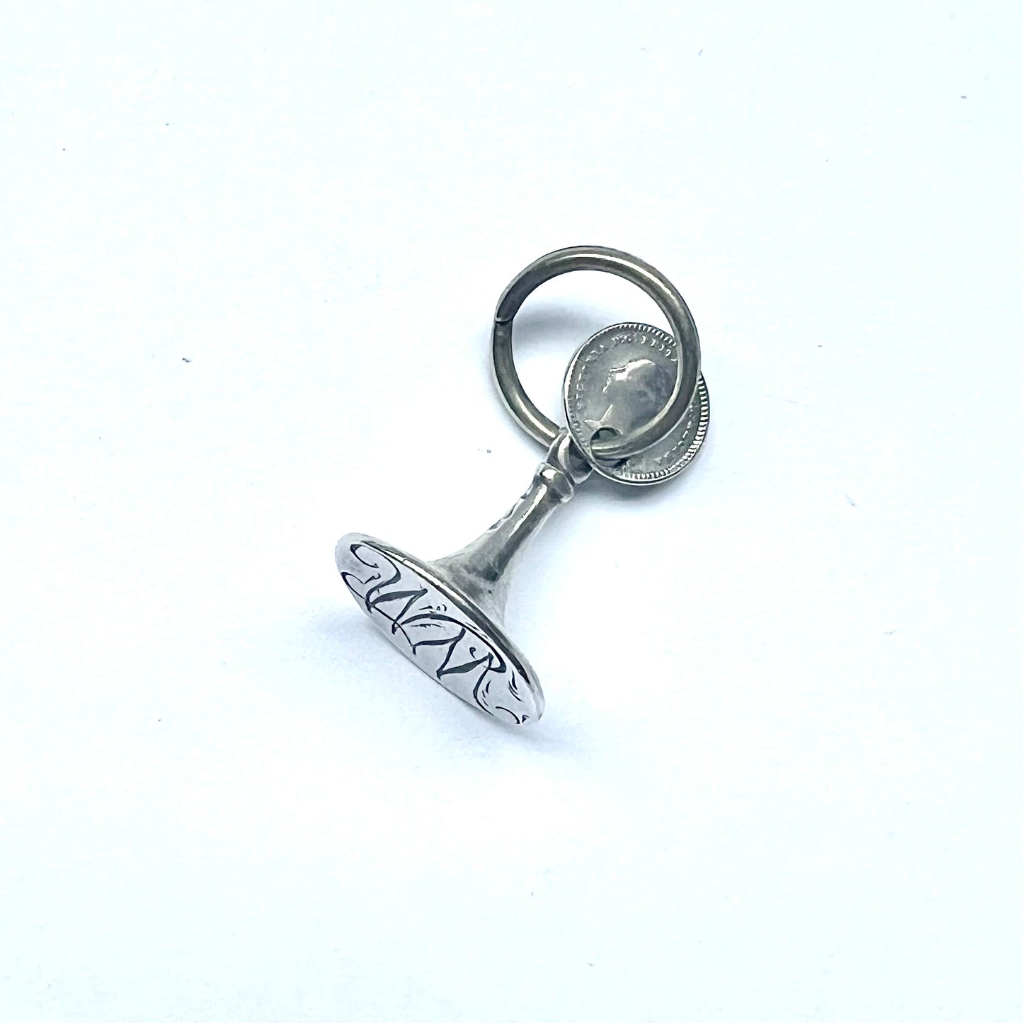 Antique English sterling silver seal fob circa first half of 19th century with sterling silver 1845 penny charm