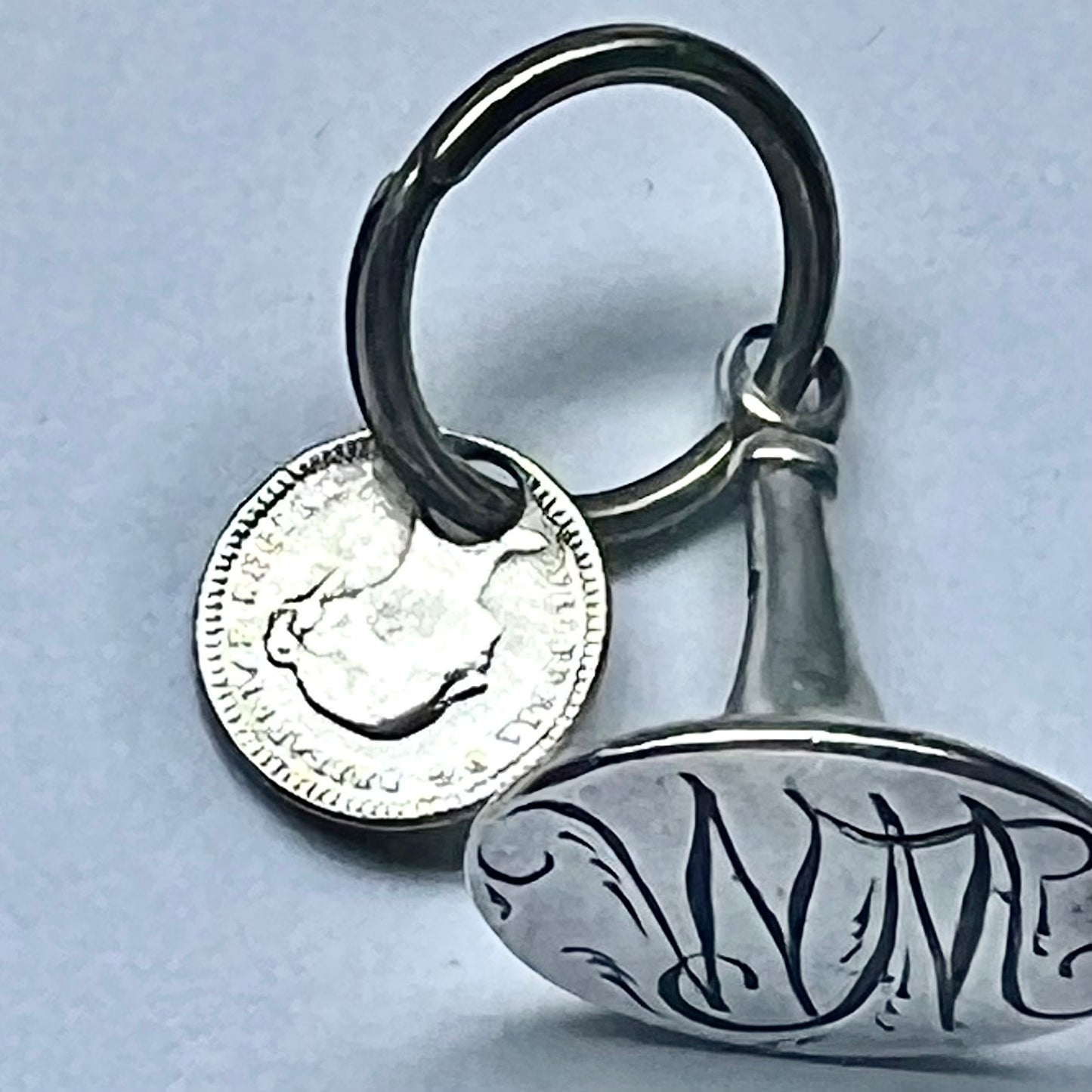 Antique English sterling silver seal fob circa first half of 19th century with sterling silver 1845 penny charm