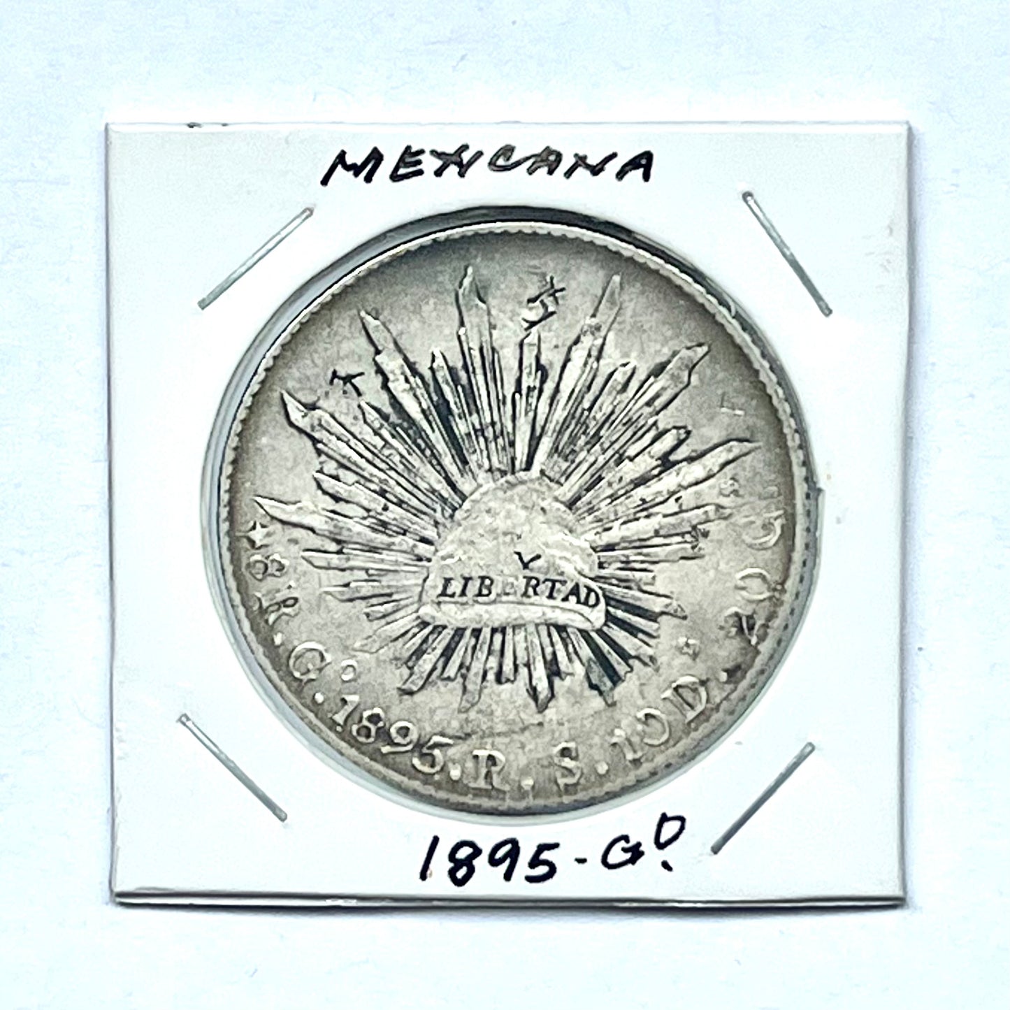 墨西哥共和国自由帽和光芒银币 8 雷亚尔,由瓜纳华托铸币厂于 1895 年左右发行