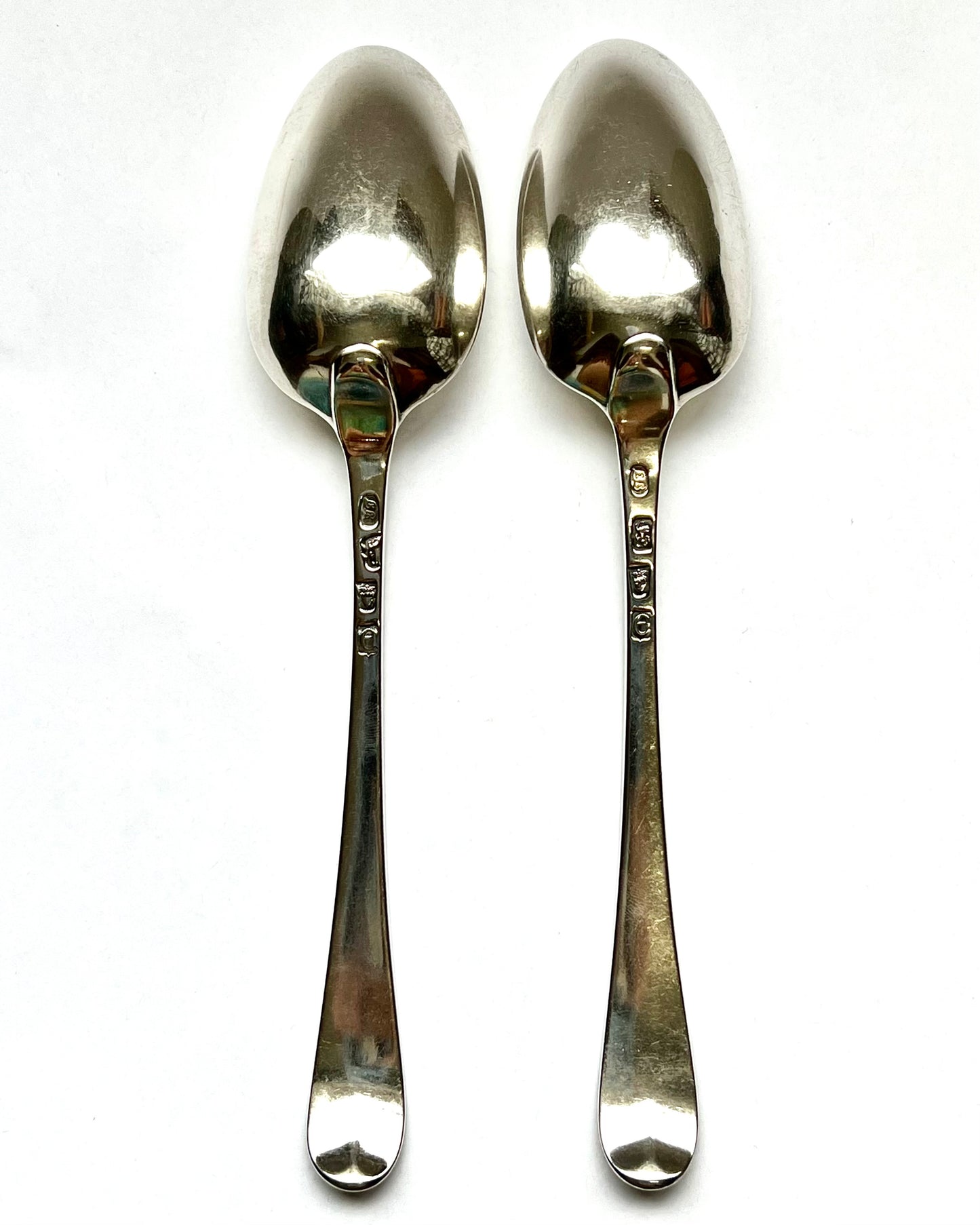Pair of Georgian sterling silver tablespoons, Blakemore crest, bright cut pattern. Australian convict history. Thomas Tooke, London, 1780