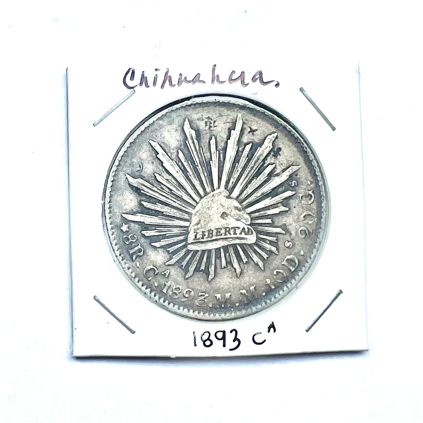 Moneda antigua china de 8 reales de plata de la República Mexicana con gorra Libertad y rayos, ceca de Chihuahua, circa 1893.