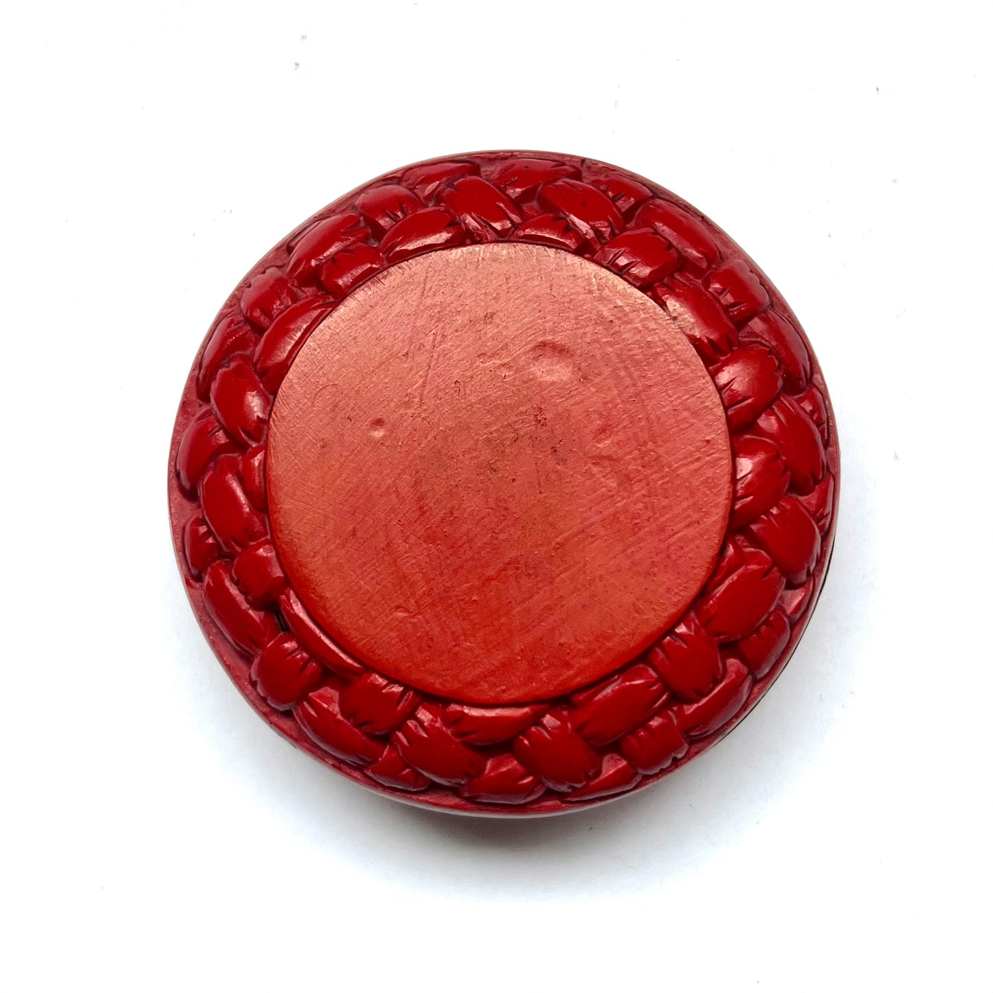 Antique Japanese Meiji Period cinnabar lacquer box, carved with knot pattern
