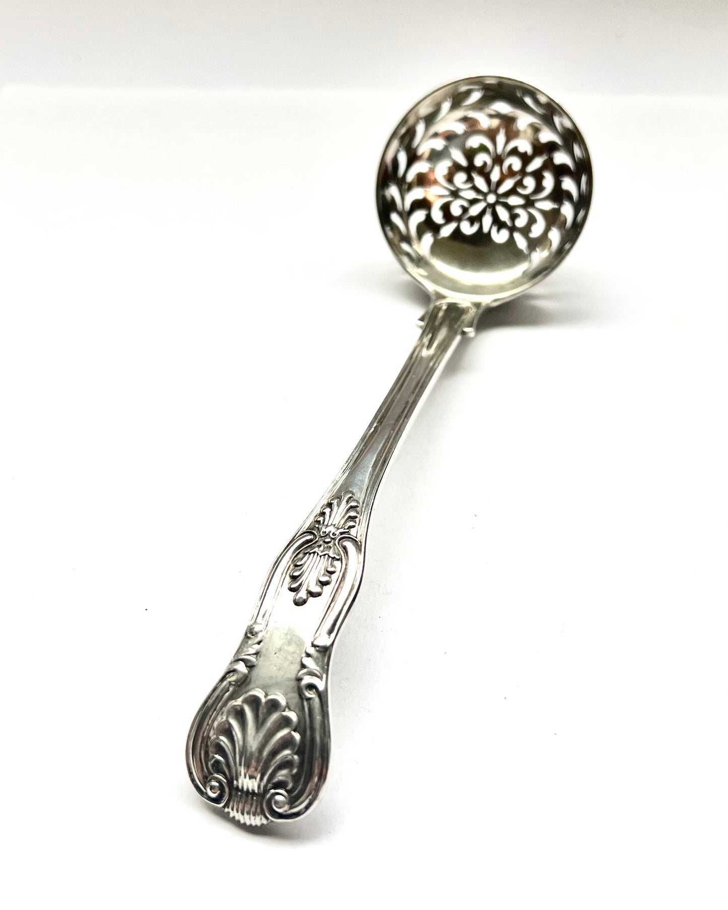Antique High Victorian sterling silver sugar sifter, double struck in King’s Pattern. Marks for Francis Higgins II, London, 1861