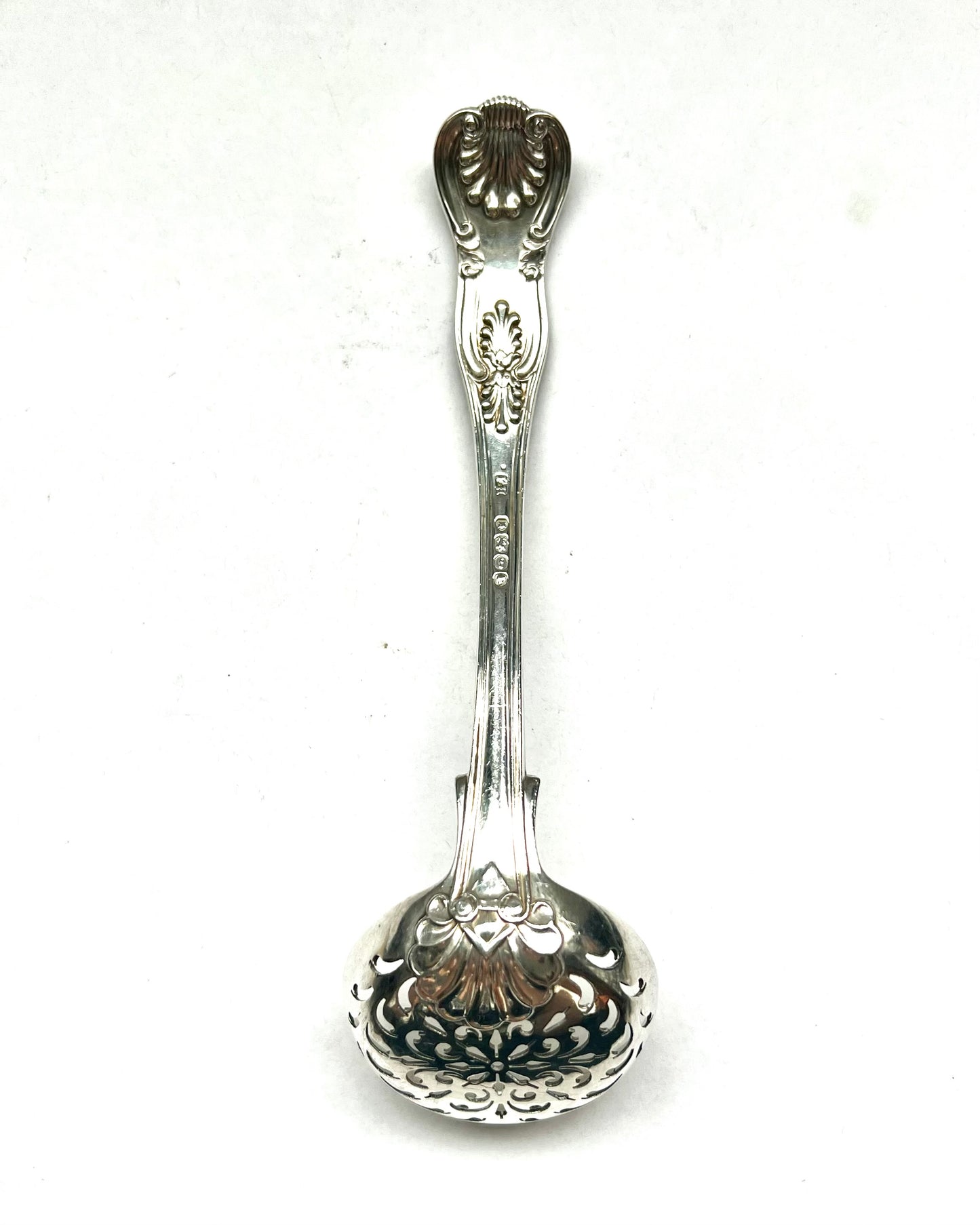 Antique High Victorian sterling silver sugar sifter, double struck in King’s Pattern. Marks for Francis Higgins II, London, 1861