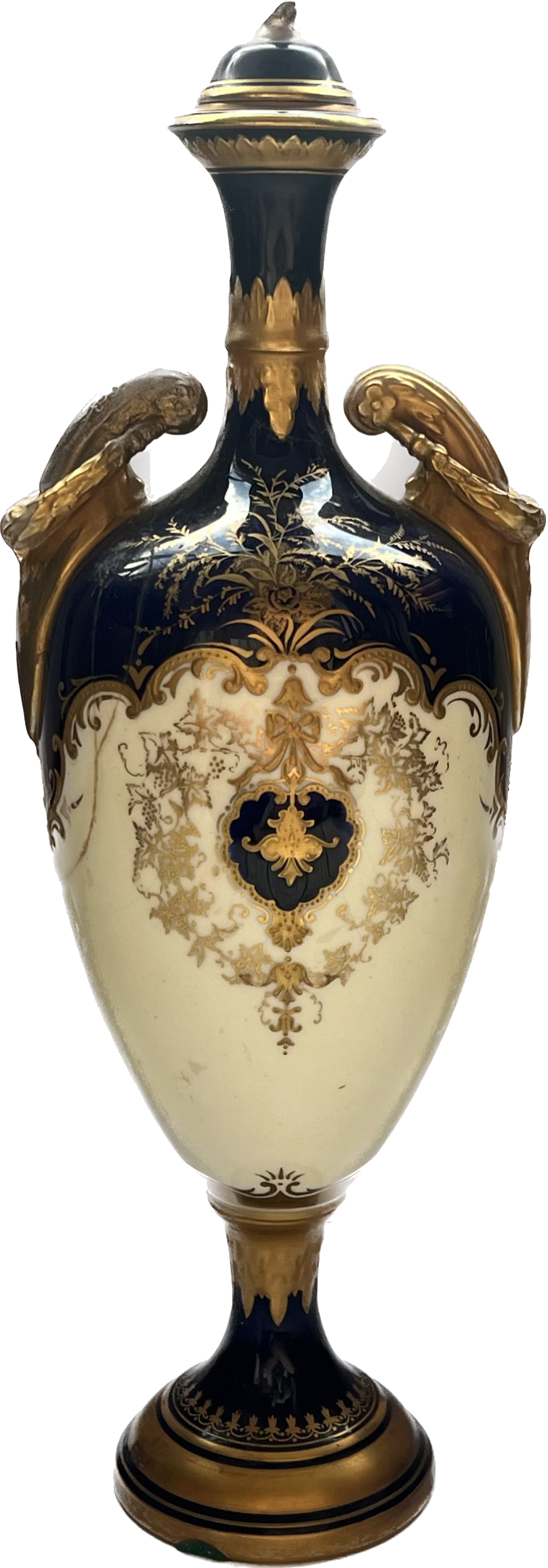 Late 19th century antique English lidded Coalport cobalt and gilt porcelain urn