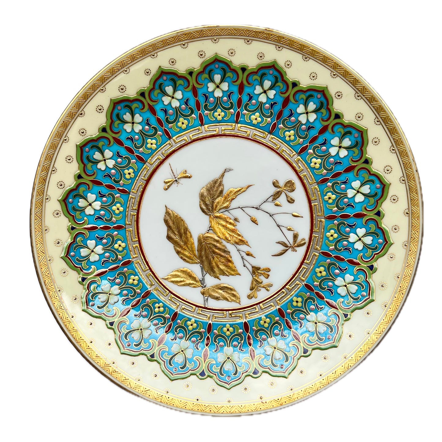 Late 19th century Minton hand-painted porcelain plate featuring an intriguing blend of Aesthetic Movement and Orientalist influences