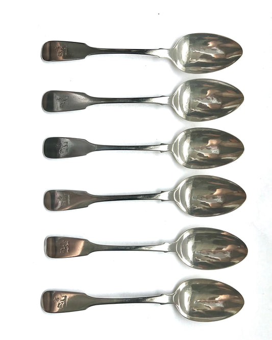 Set of 6 William IV to Victorian Irish sterling silver tea spoons,  marks for various Dublin  silver smiths from 1830-1845.